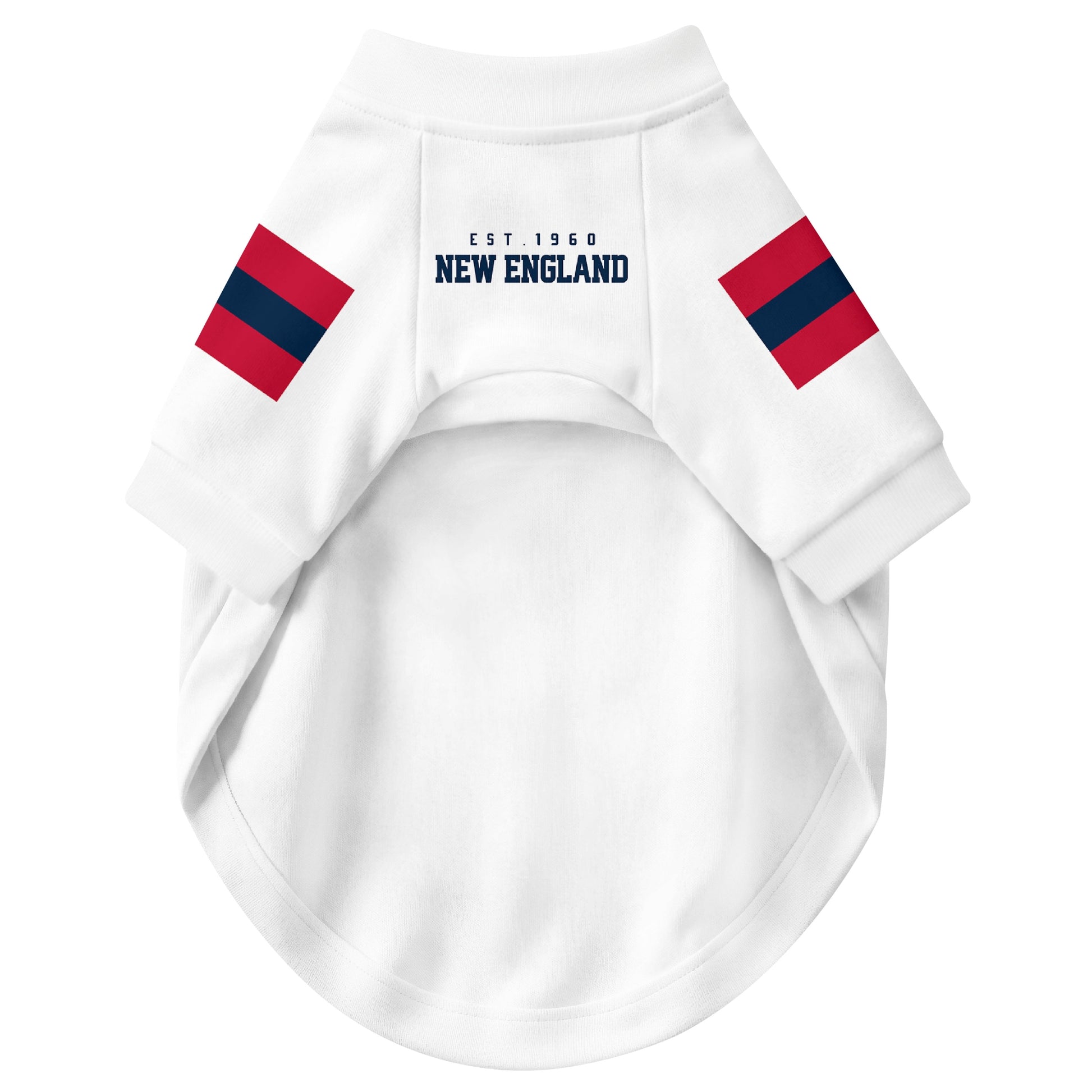 Front view of custom dog jersey in white personalized with name and number