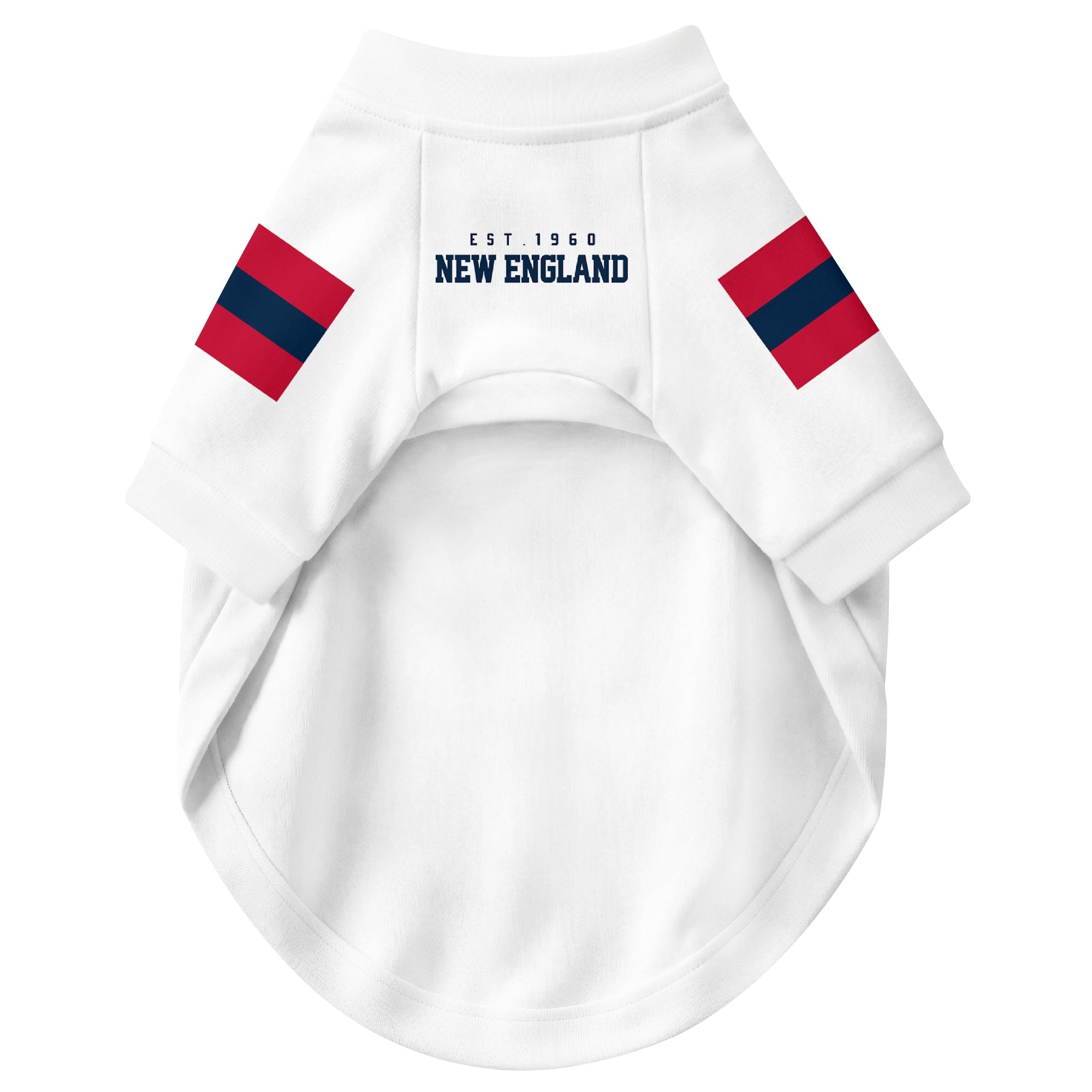 Front view of custom dog jersey in white personalized with name and number