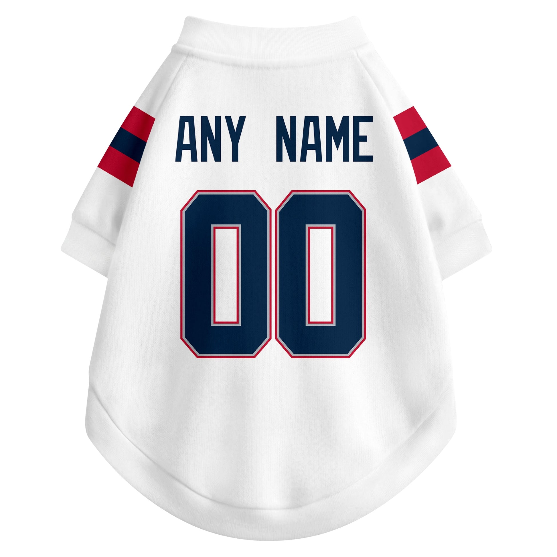 Back view of custom dog jersey in white showing name and number customization