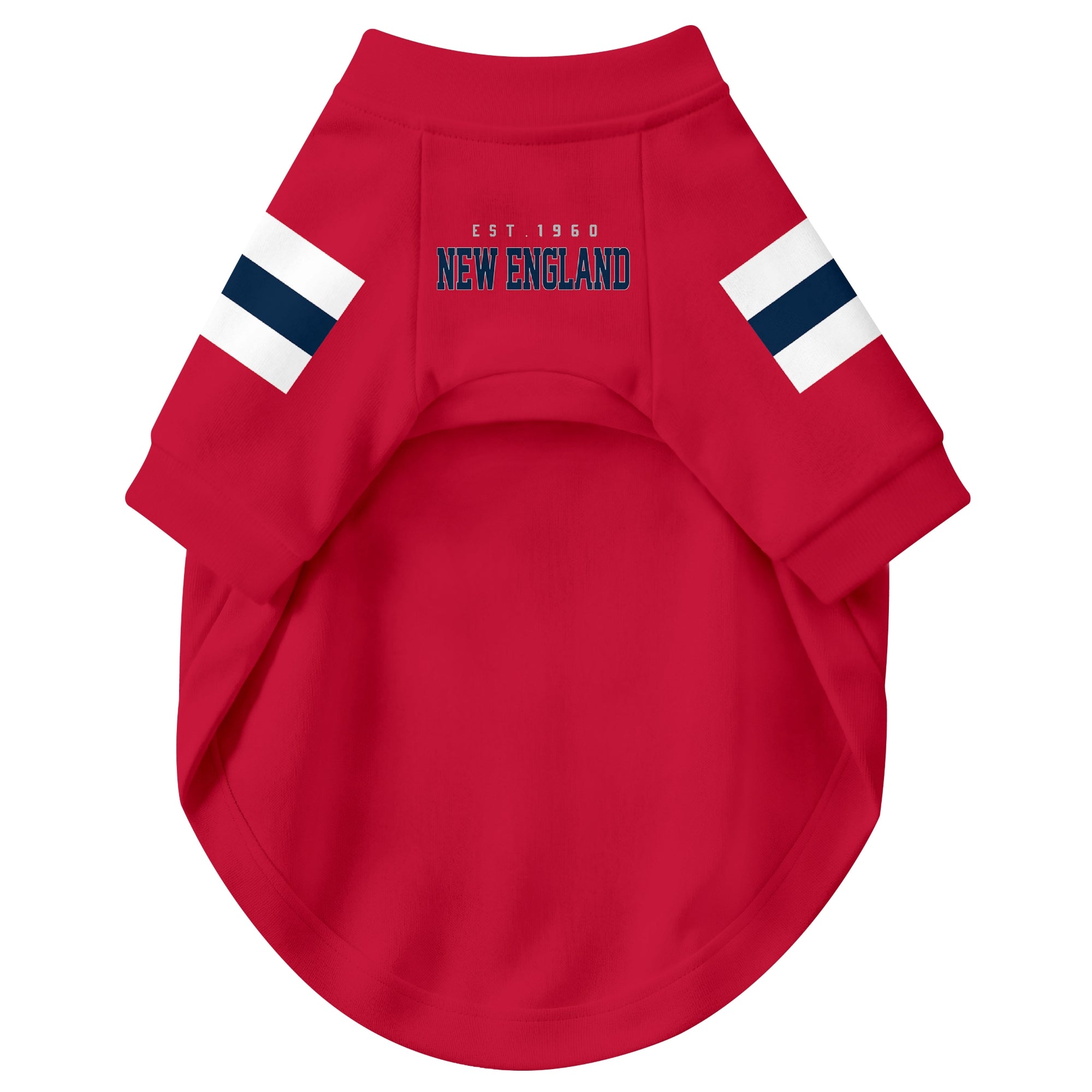 Front view of custom dog jersey in red personalized with name and number