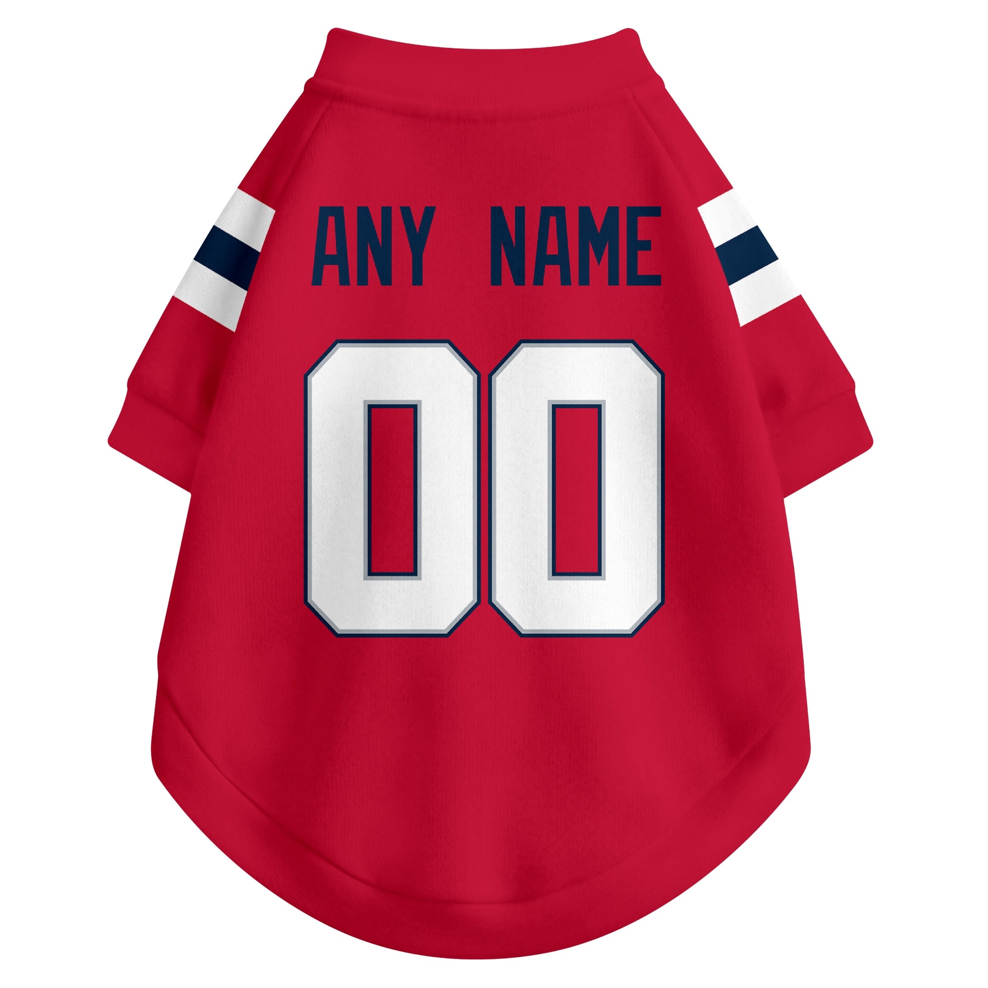 Back view of custom dog jersey in red showing name and number customization
