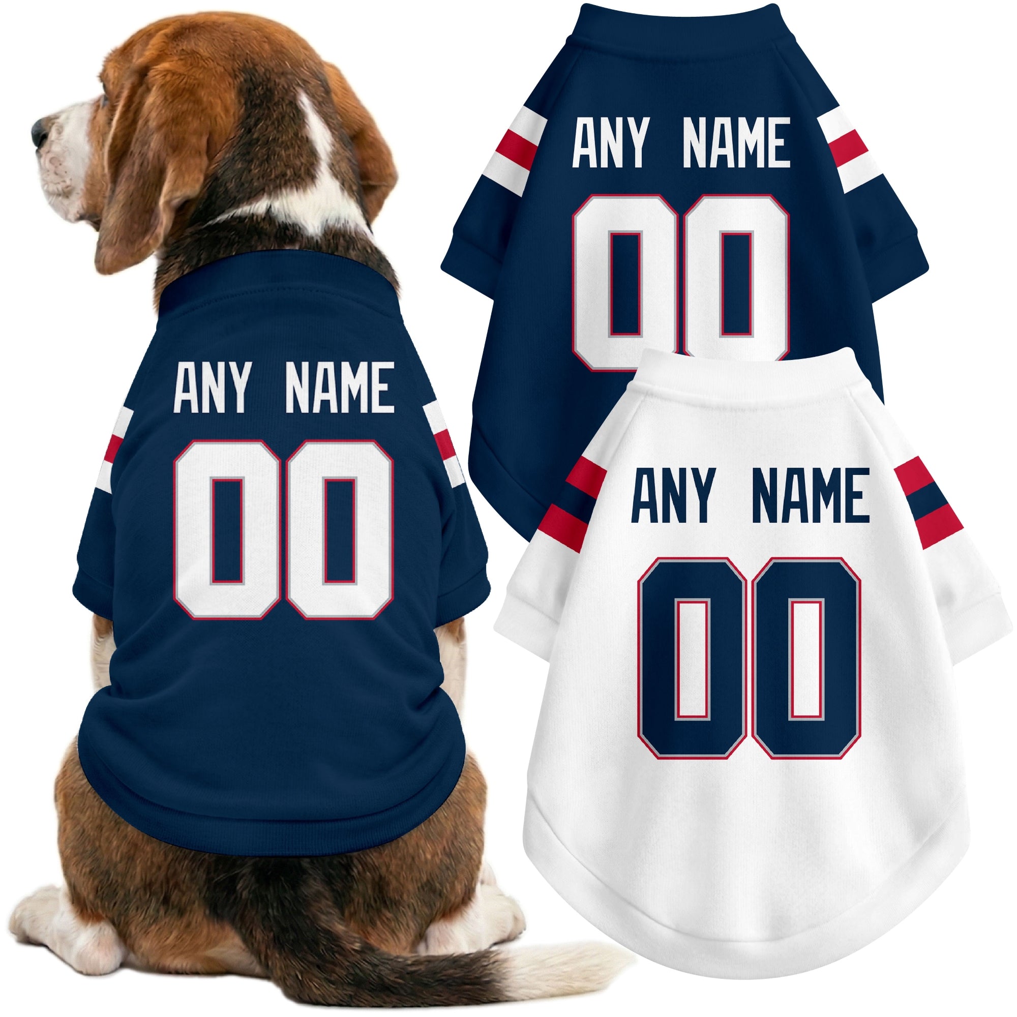 Dog wearing custom football-style dog jersey in navy white red with personalized name and number