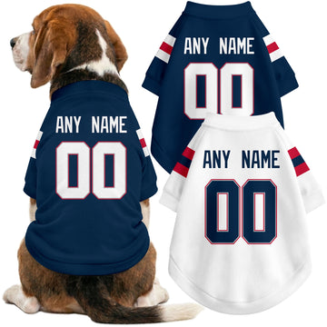 Dog wearing custom football-style dog jersey in navy white red with personalized name and number