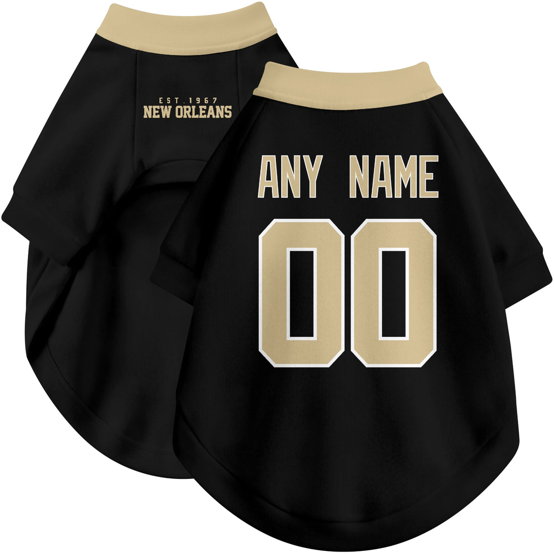 Dog wearing custom football-style dog jersey in black white gold with personalized name and number