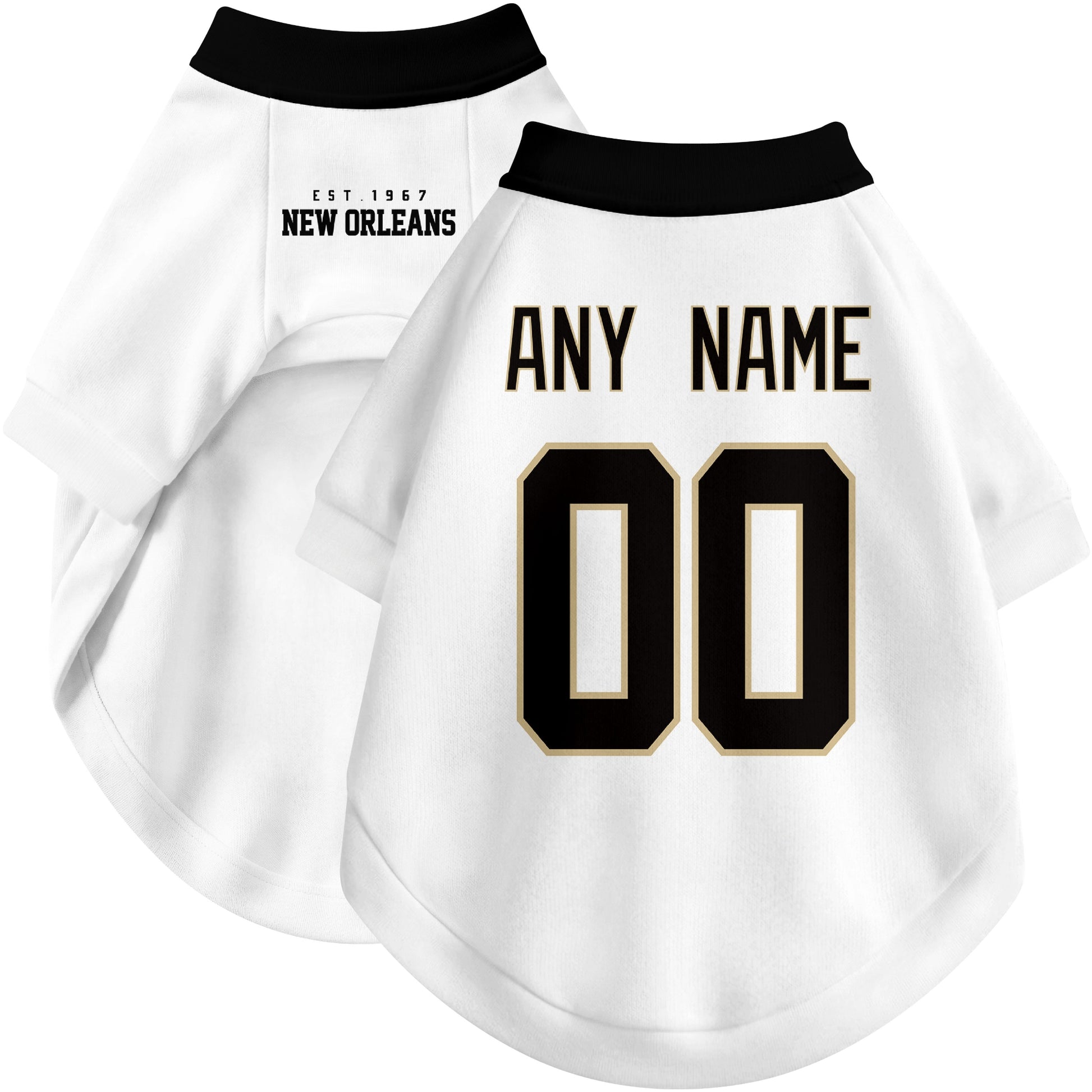 Custom football-style dog jersey in white personalized with any name and number