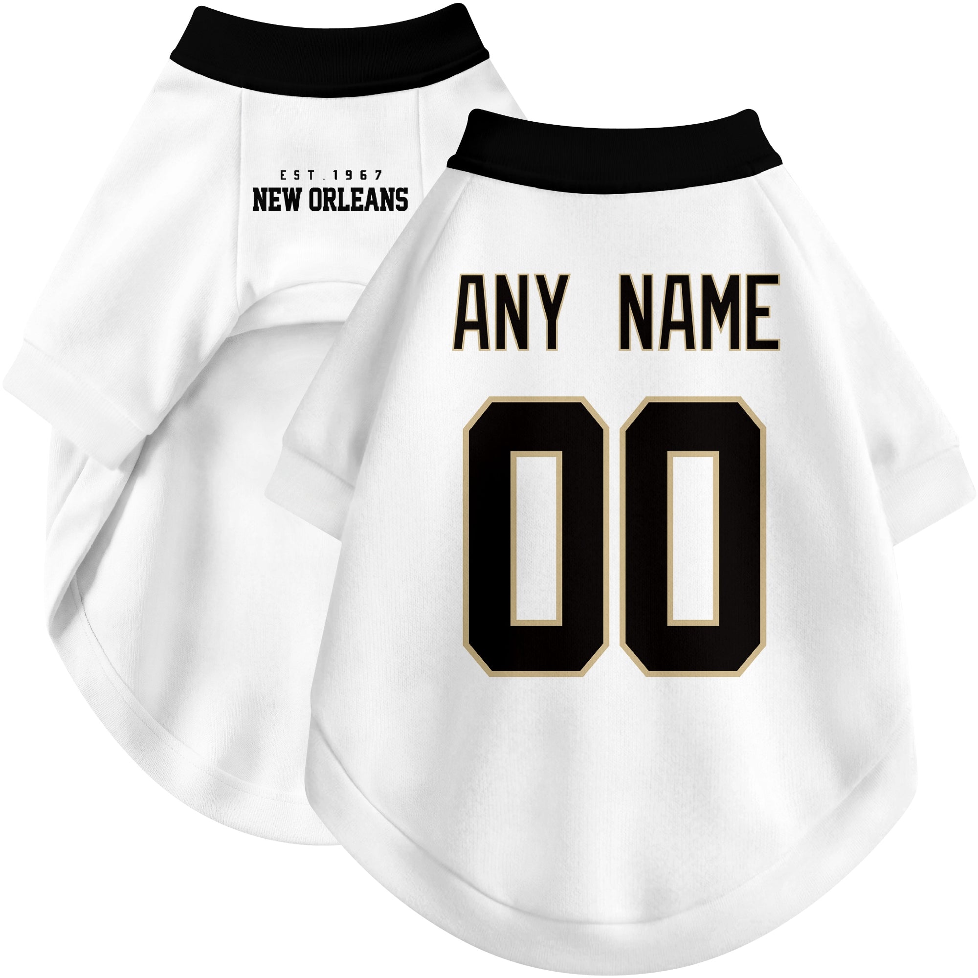 Custom football-style dog jersey in white personalized with any name and number