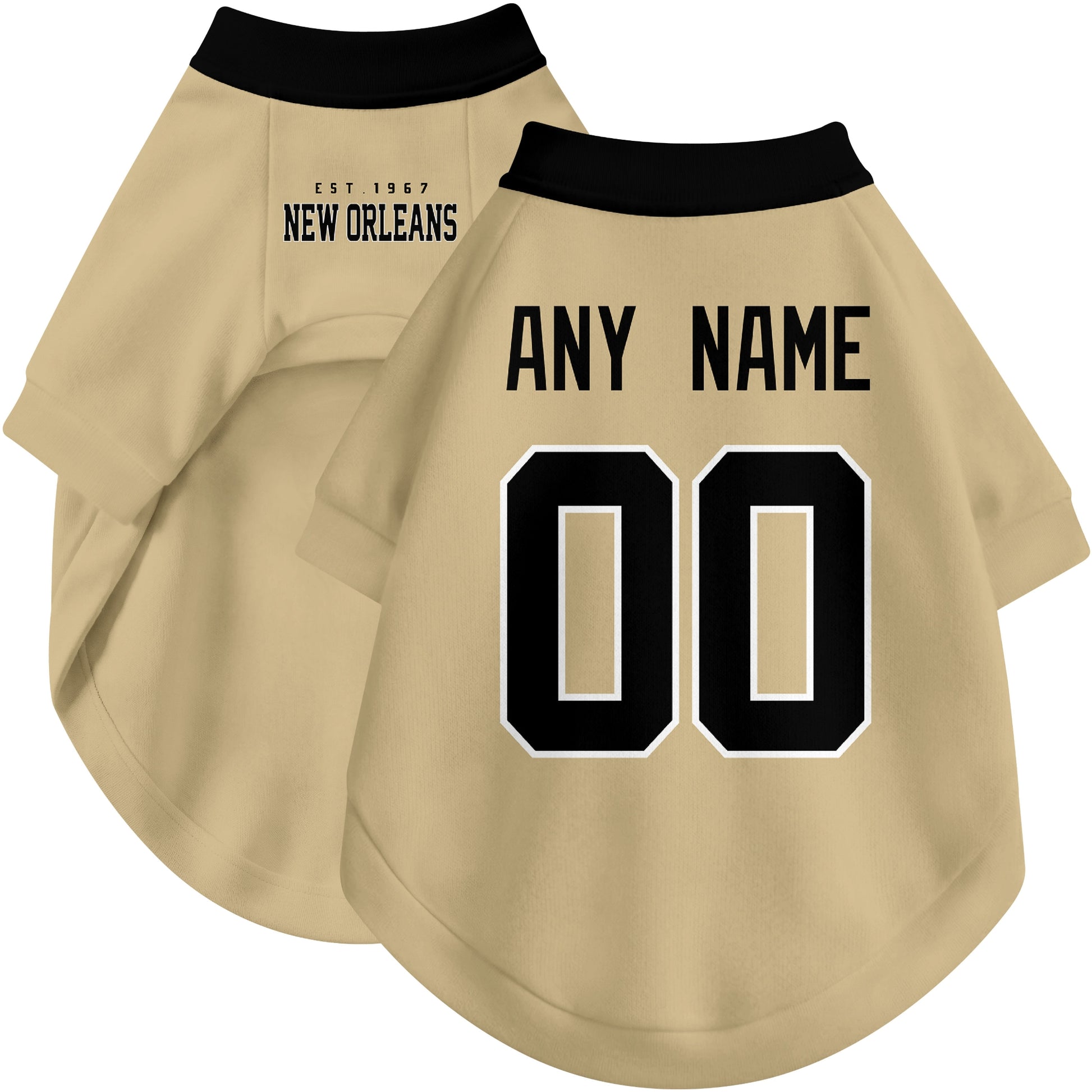 Custom football-style dog jersey in gold personalized with any name and number