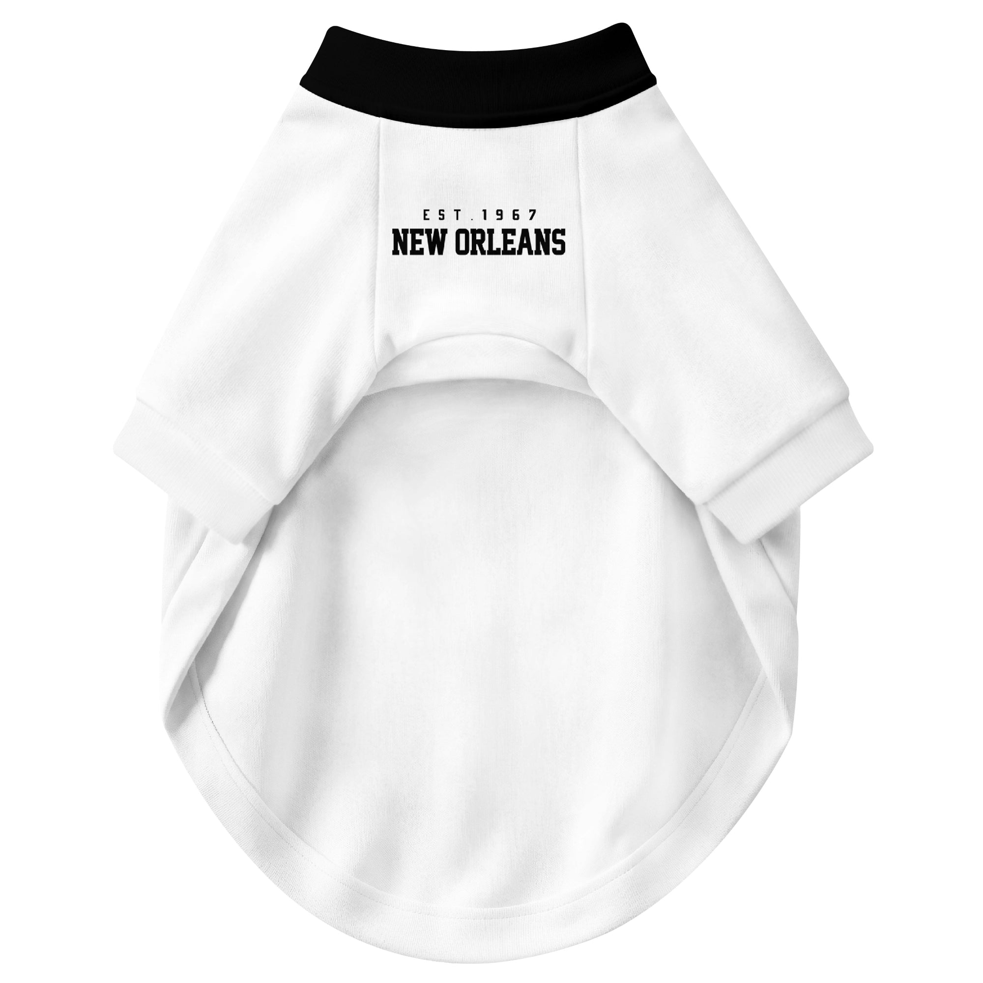 Front view of custom dog jersey in white personalized with name and number