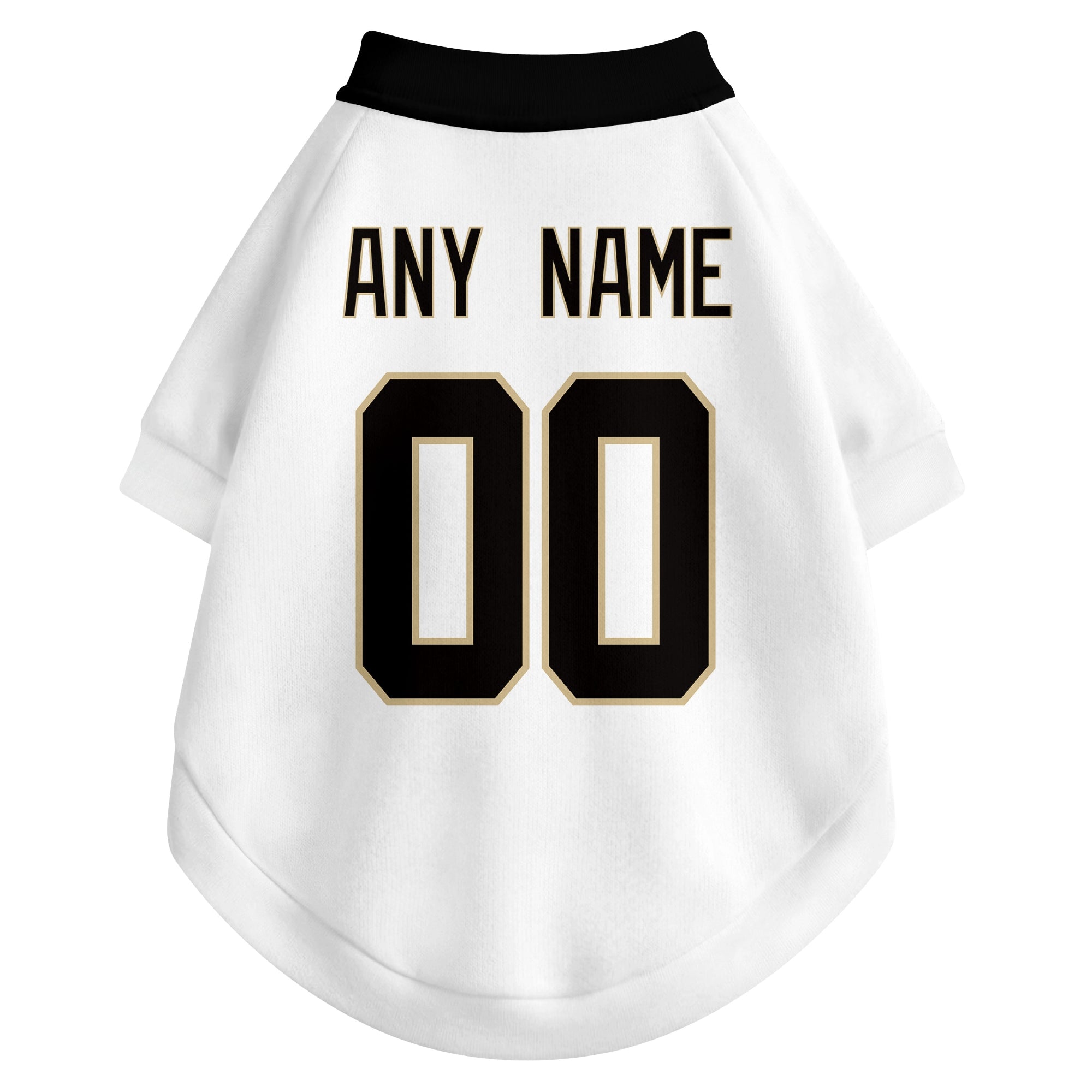 Back view of custom dog jersey in white showing name and number customization