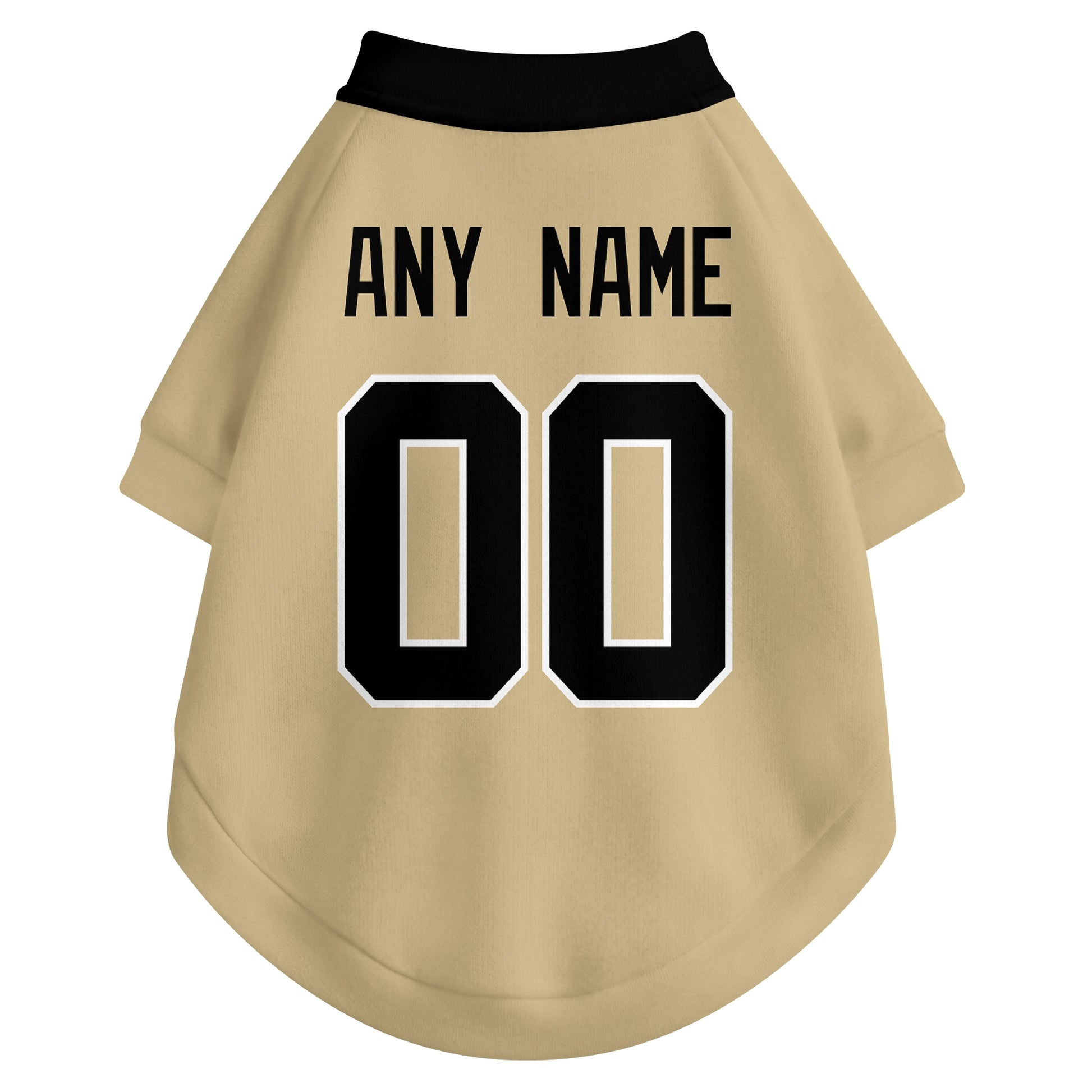 Back view of custom dog jersey in gold showing name and number customization