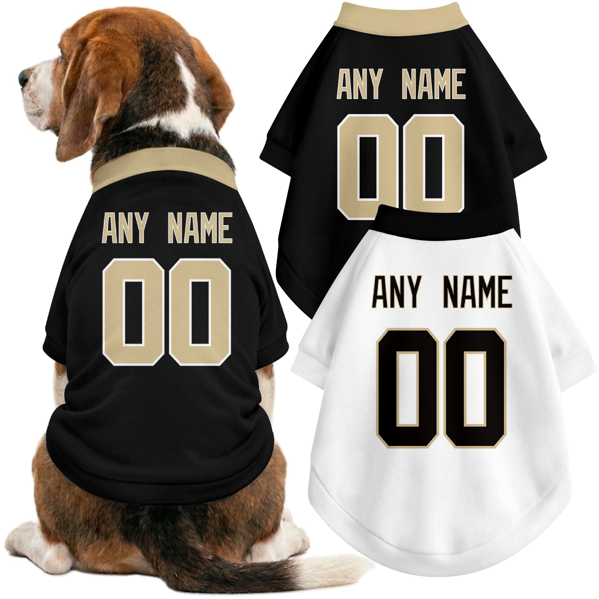 Dog wearing custom football-style dog jersey in black white gold with personalized name and number