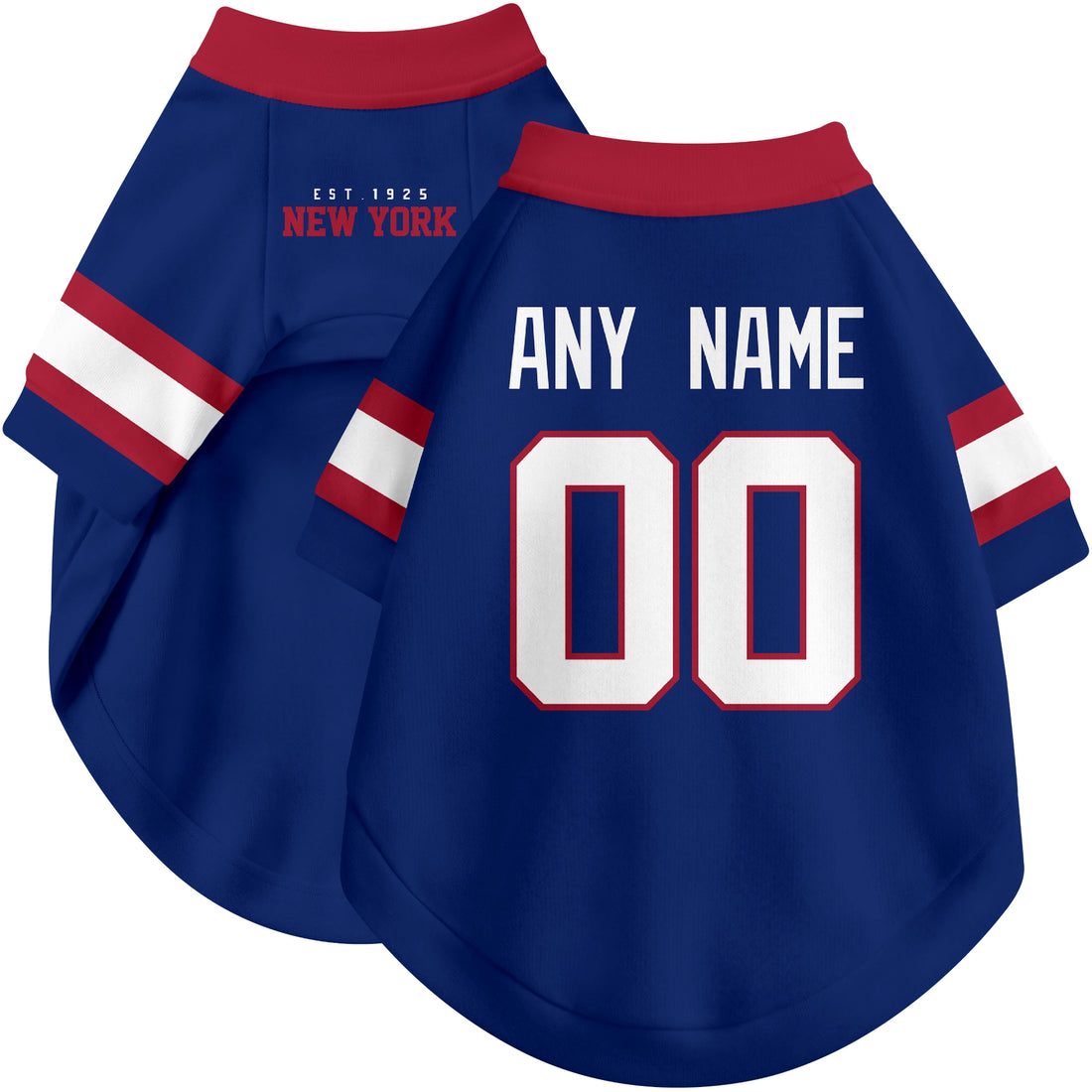 Dog wearing custom football-style dog jersey in royal white red with personalized name and number