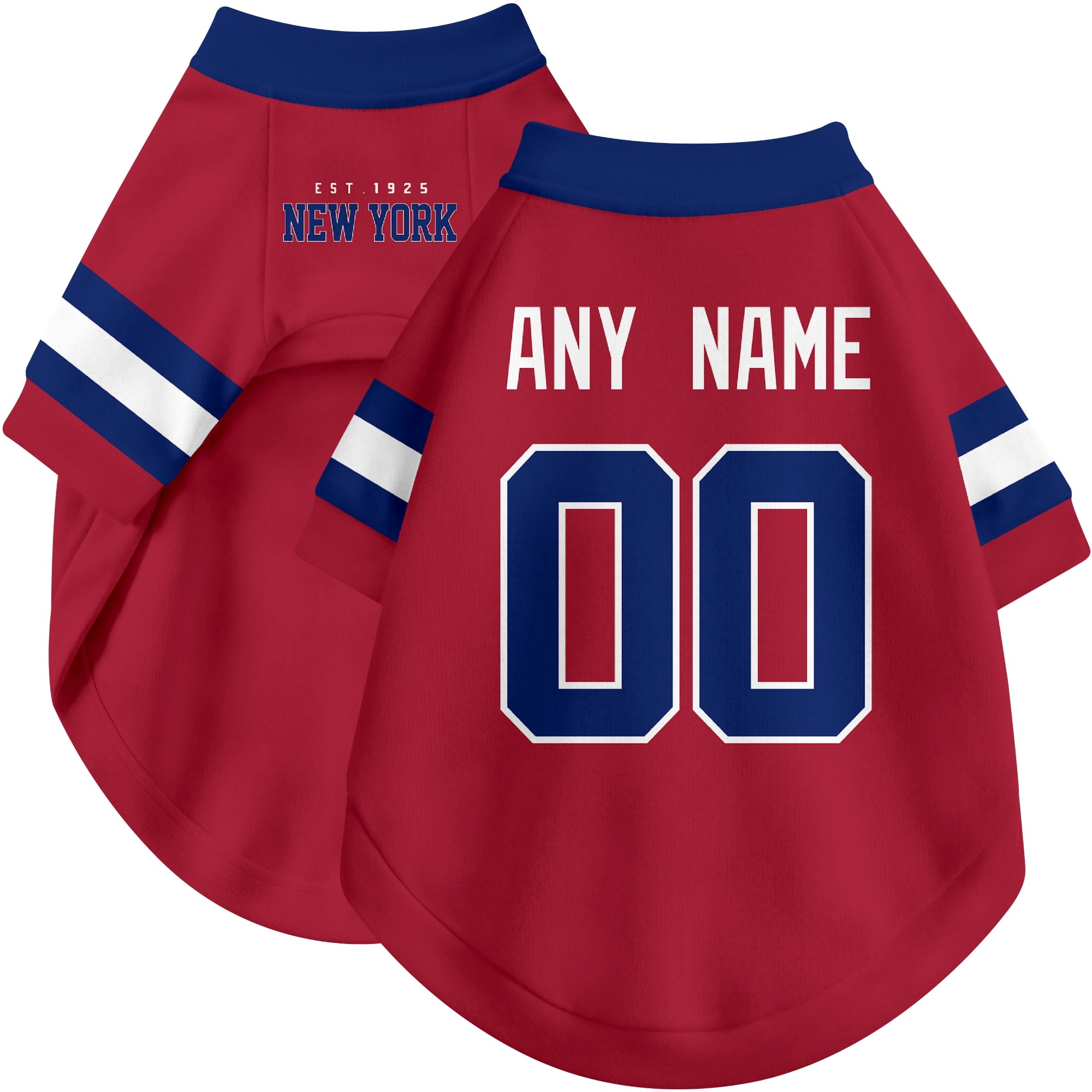 Custom football-style dog jersey in red personalized with any name and number