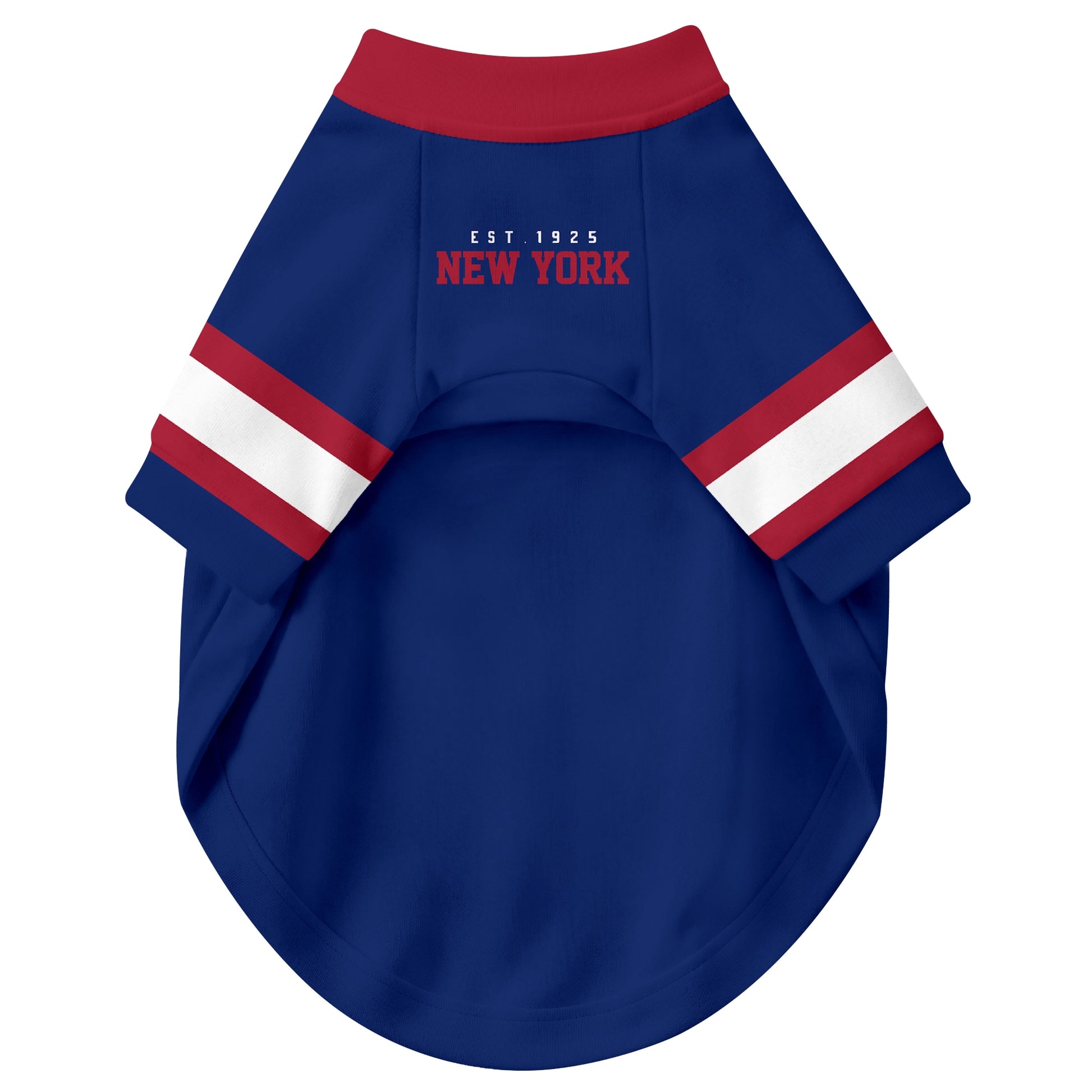 Front view of custom dog jersey in royal personalized with name and number