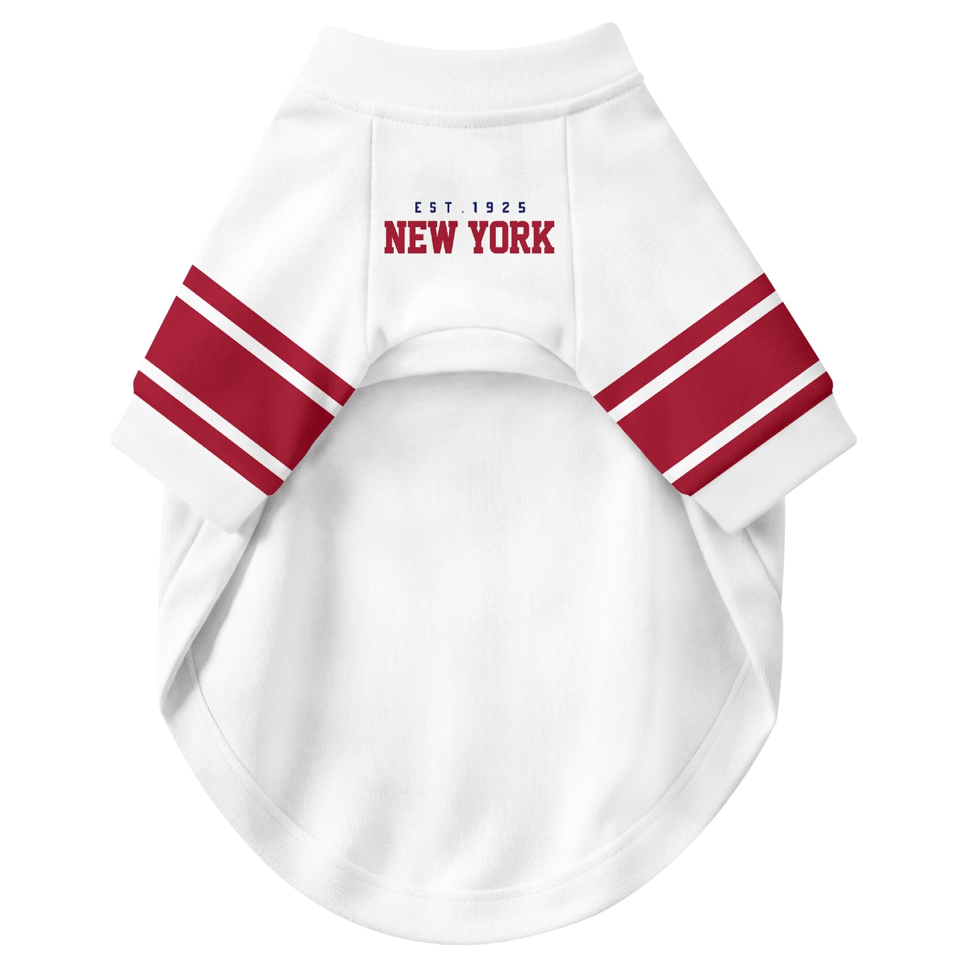 Front view of custom dog jersey in white personalized with name and number
