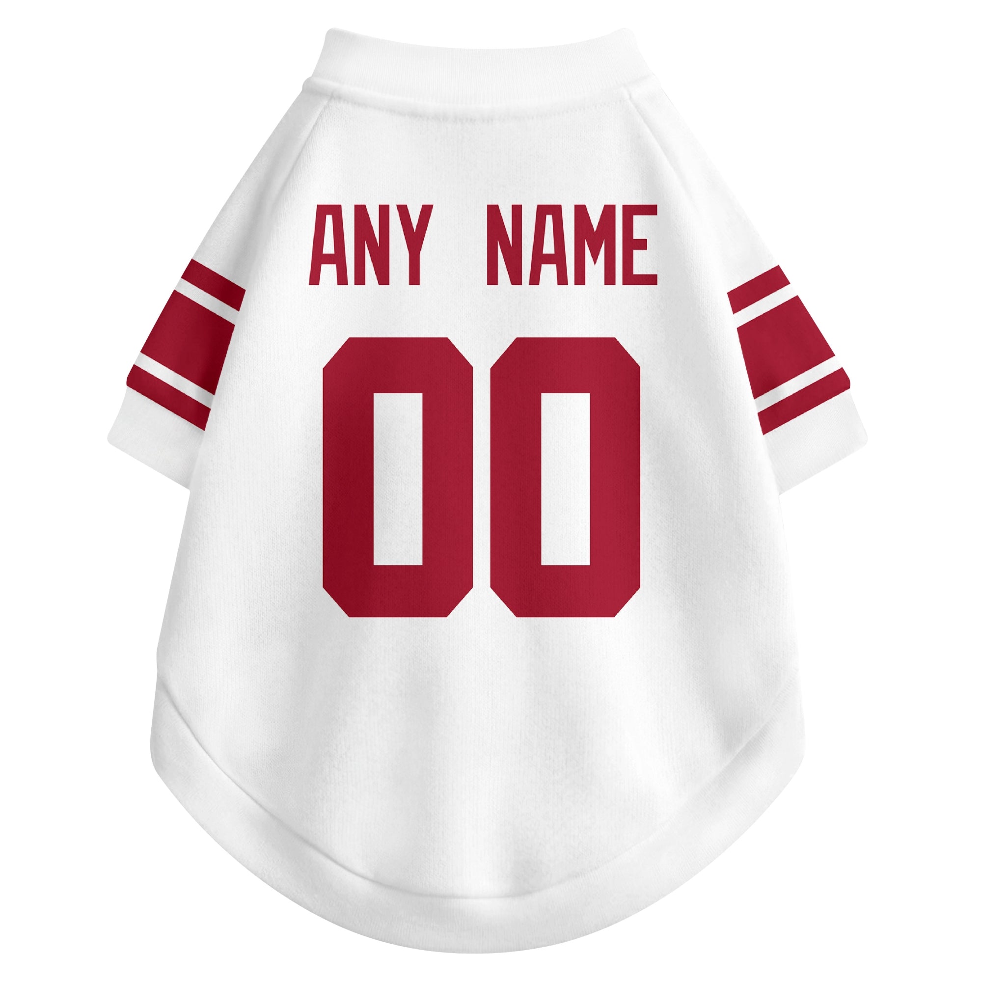Back view of custom dog jersey in white showing name and number customization