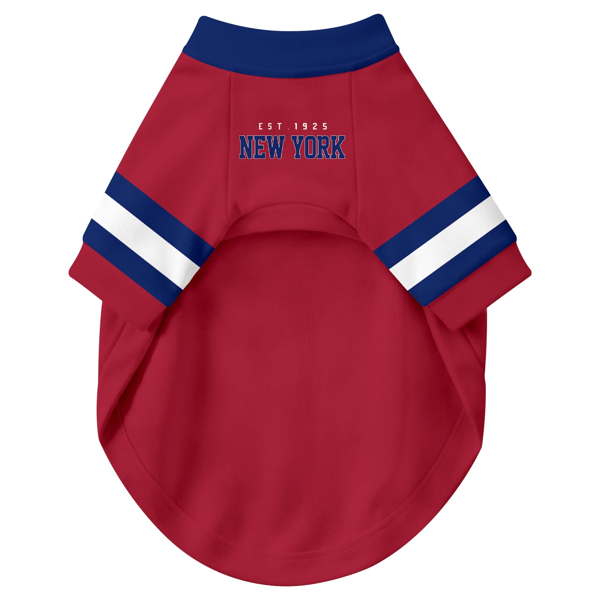 Front view of custom dog jersey in red personalized with name and number