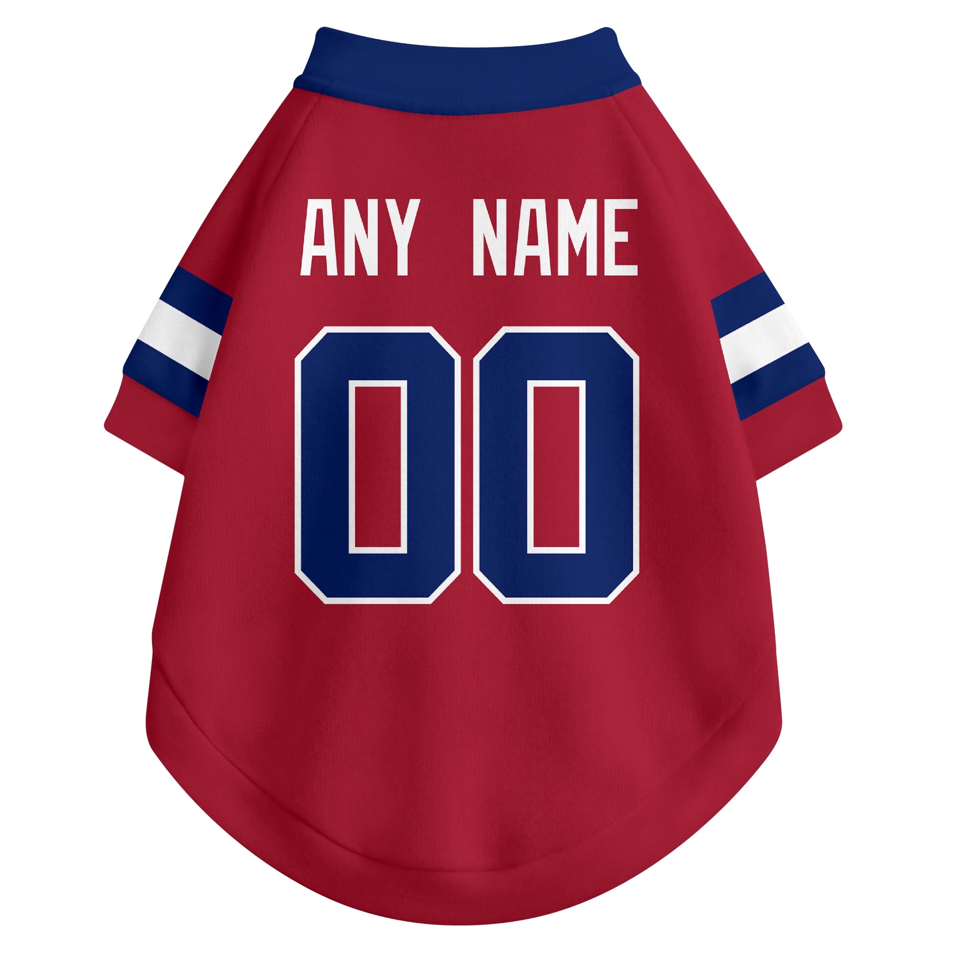 Back view of custom dog jersey in red showing name and number customization