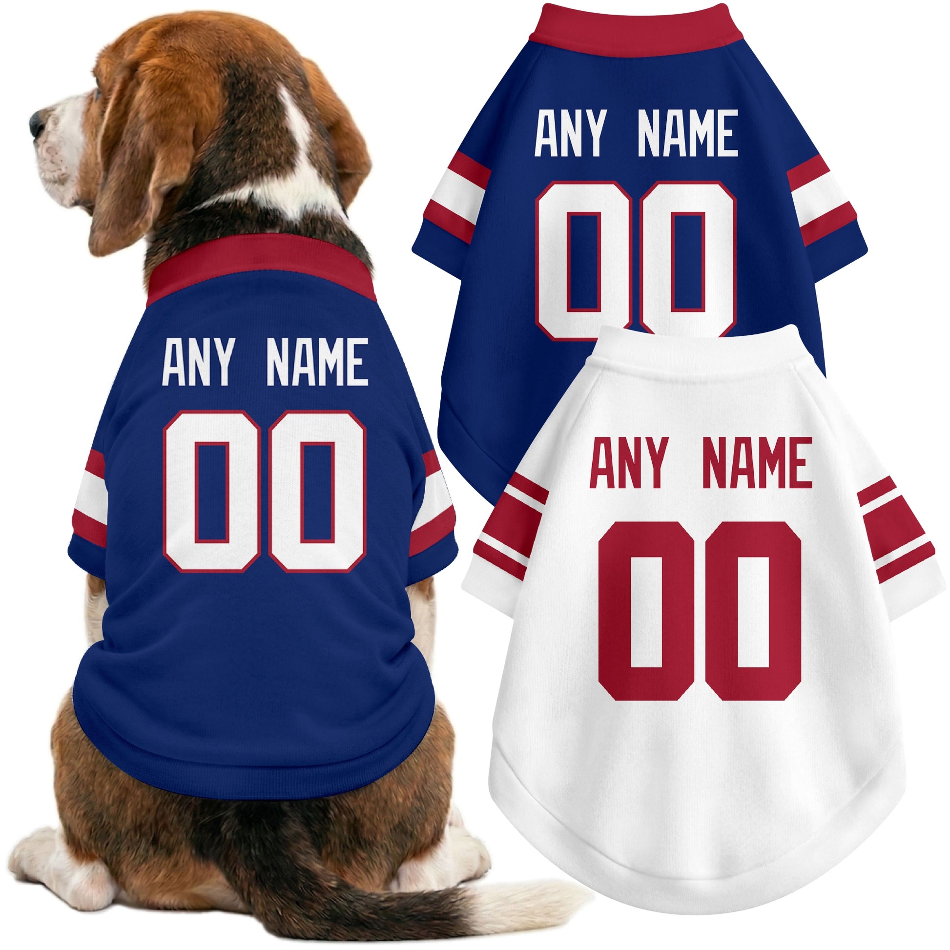 Dog wearing custom football-style dog jersey in royal white red with personalized name and number