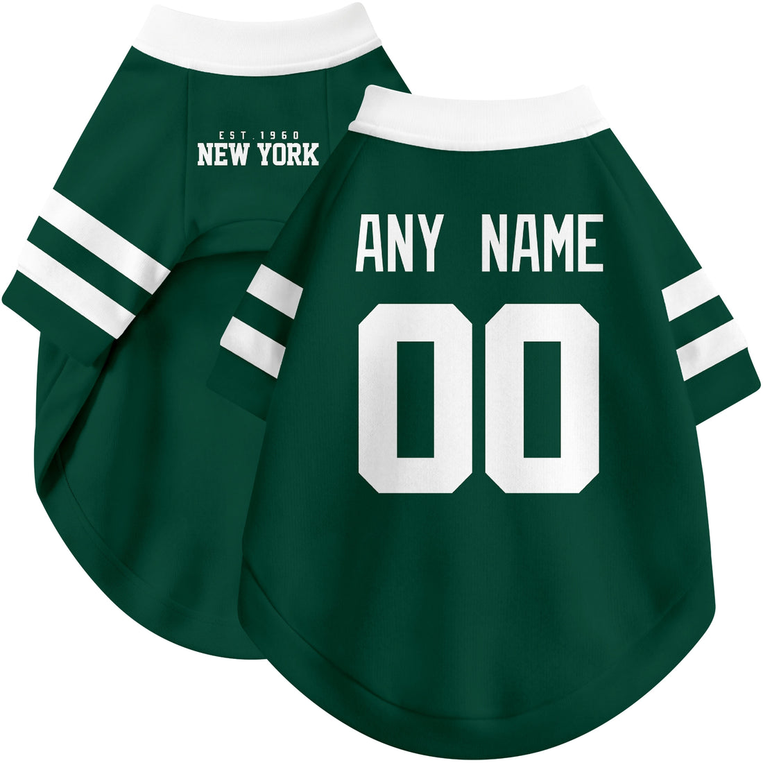 Dog wearing custom football-style dog jersey in green white black with personalized name and number