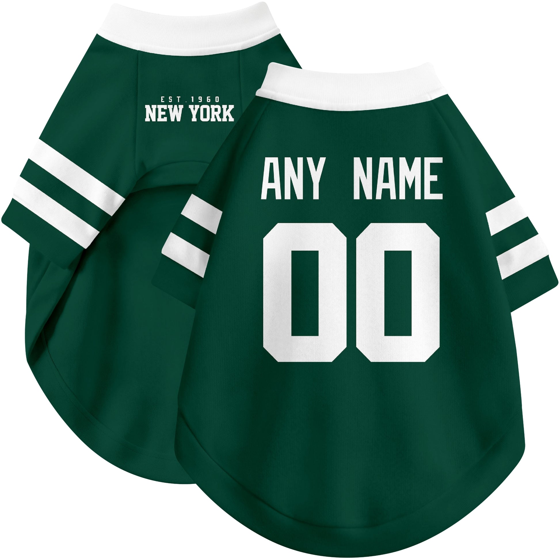 Custom football-style dog jersey in green personalized with any name and number