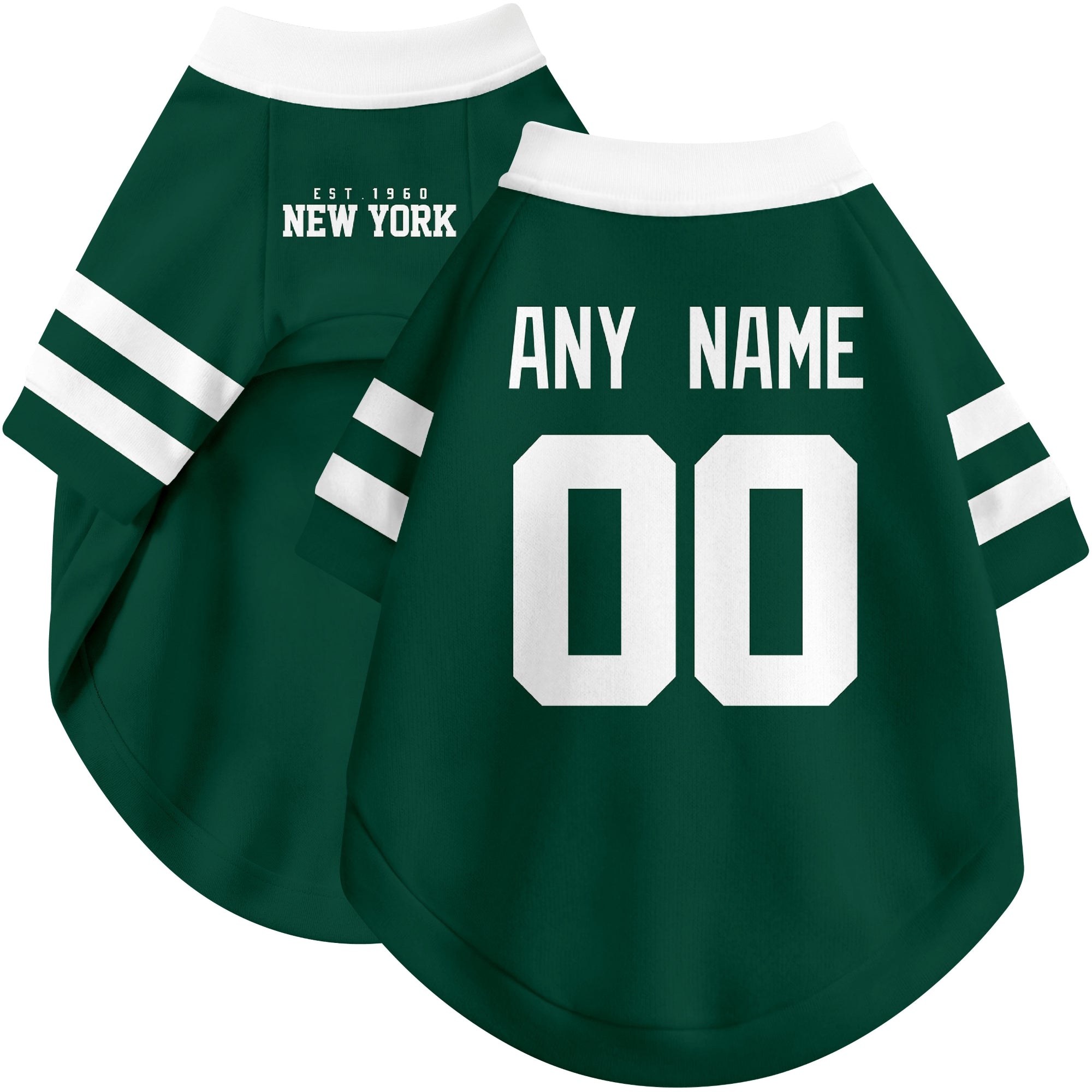 Custom football-style dog jersey in green personalized with any name and number