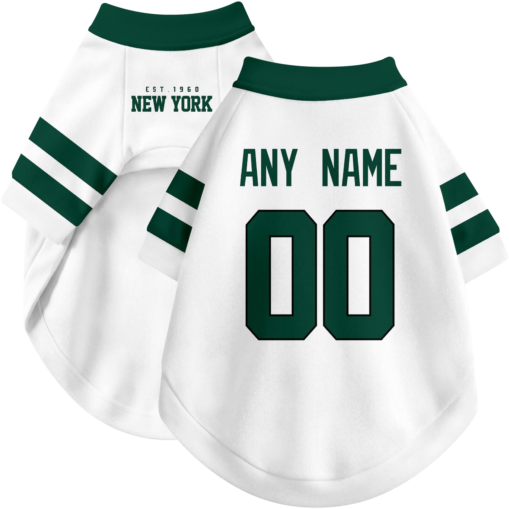 Custom football-style dog jersey in white personalized with any name and number
