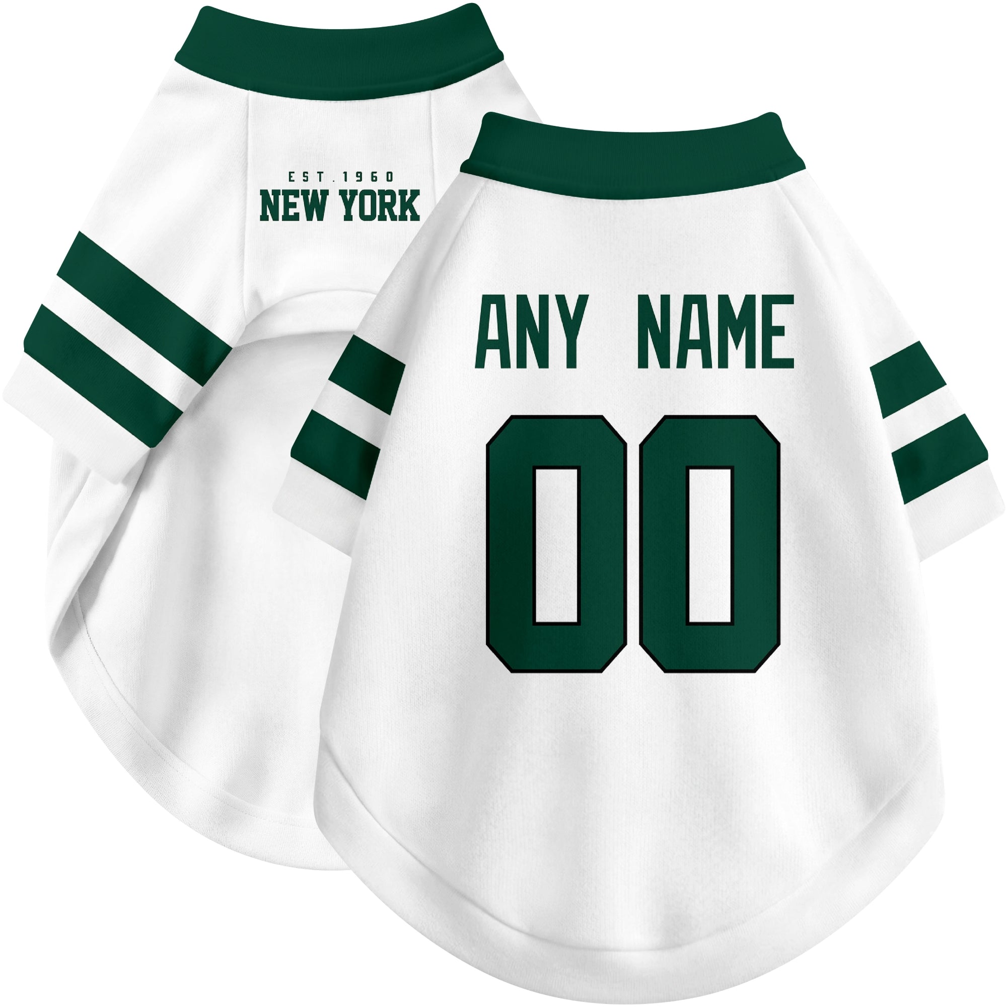 Custom football-style dog jersey in white personalized with any name and number