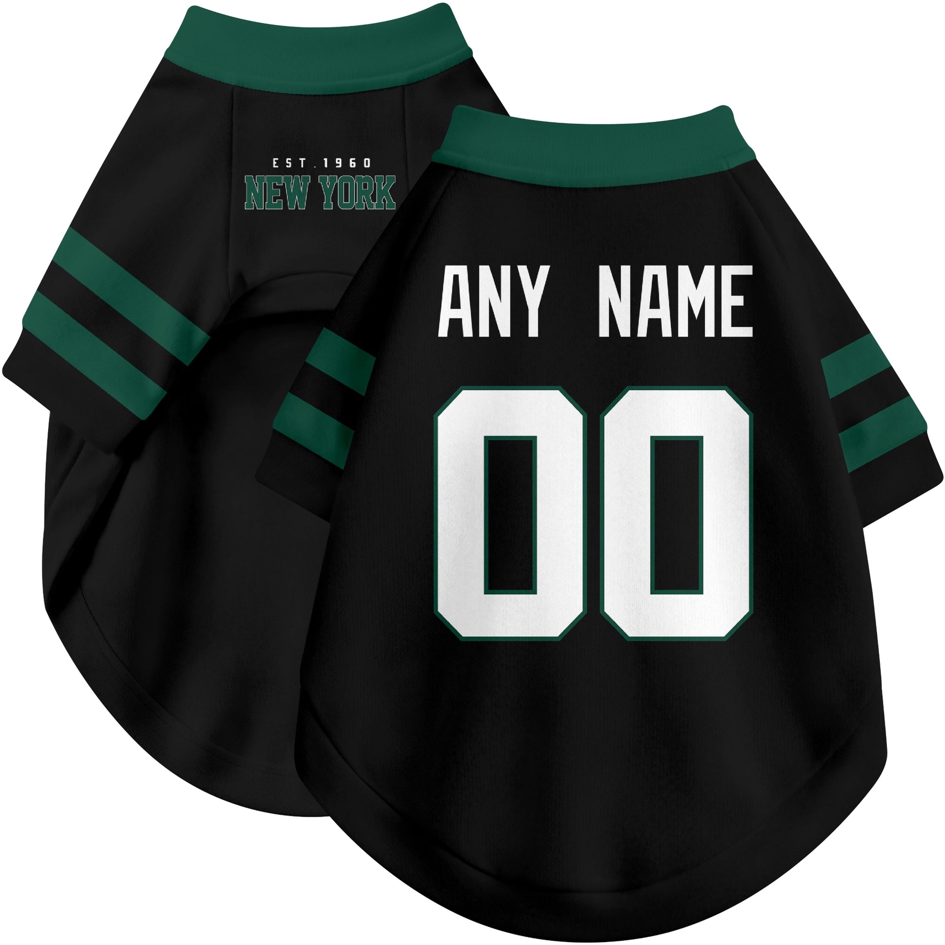 Custom football-style dog jersey in black personalized with any name and number