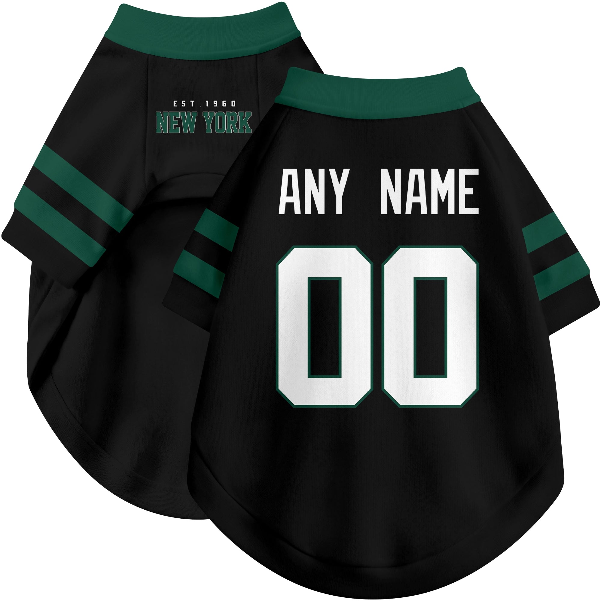 Custom football-style dog jersey in black personalized with any name and number