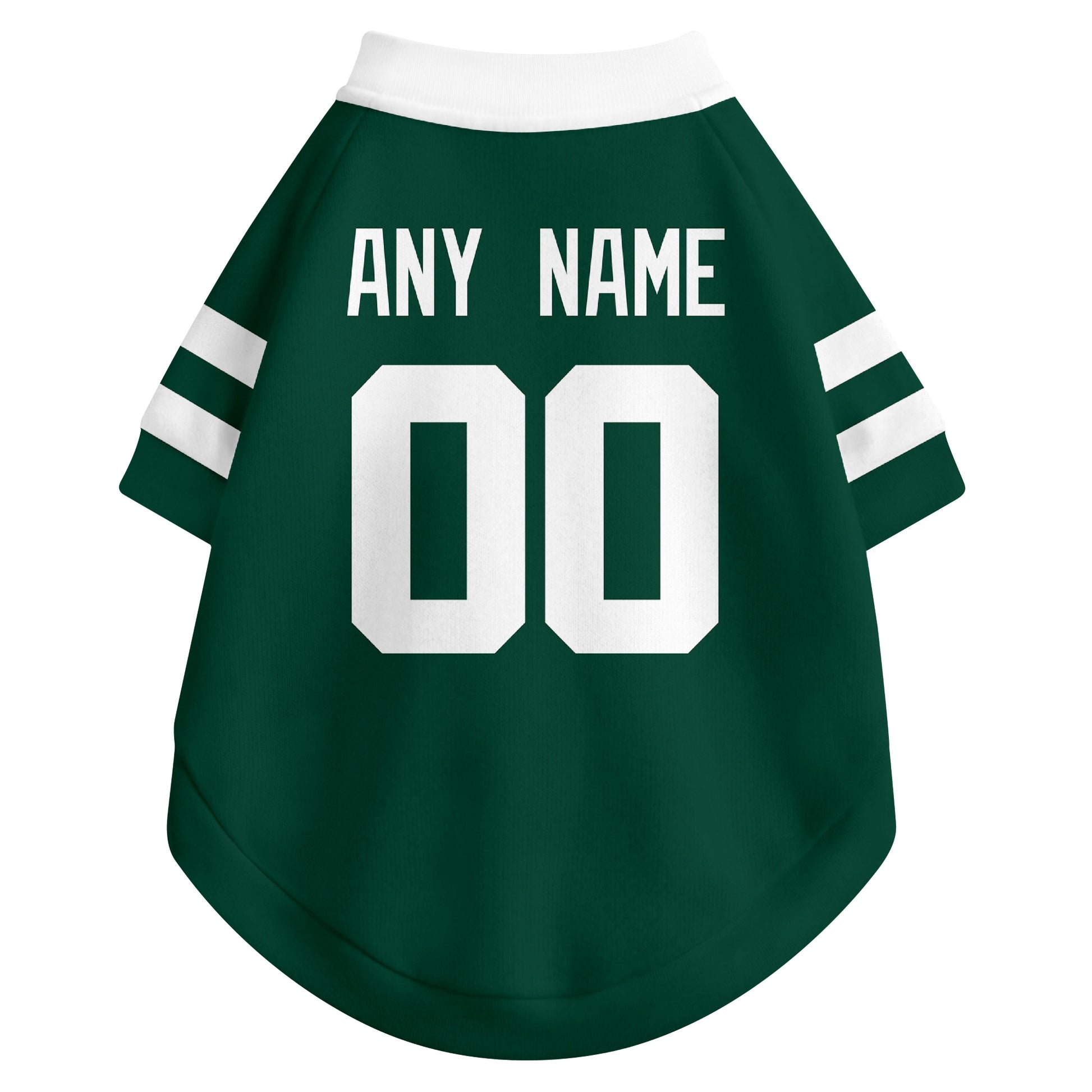 Back view of custom dog jersey in green showing name and number customization