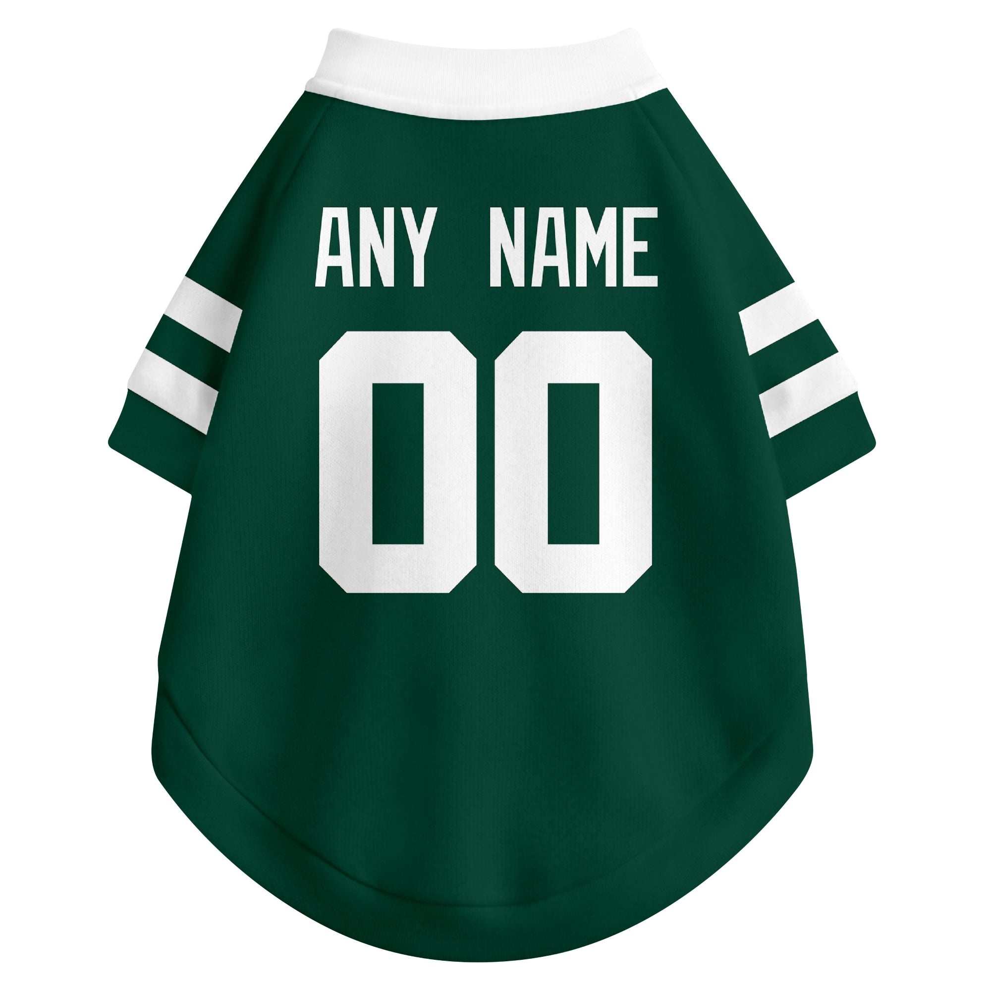 Back view of custom dog jersey in green showing name and number customization