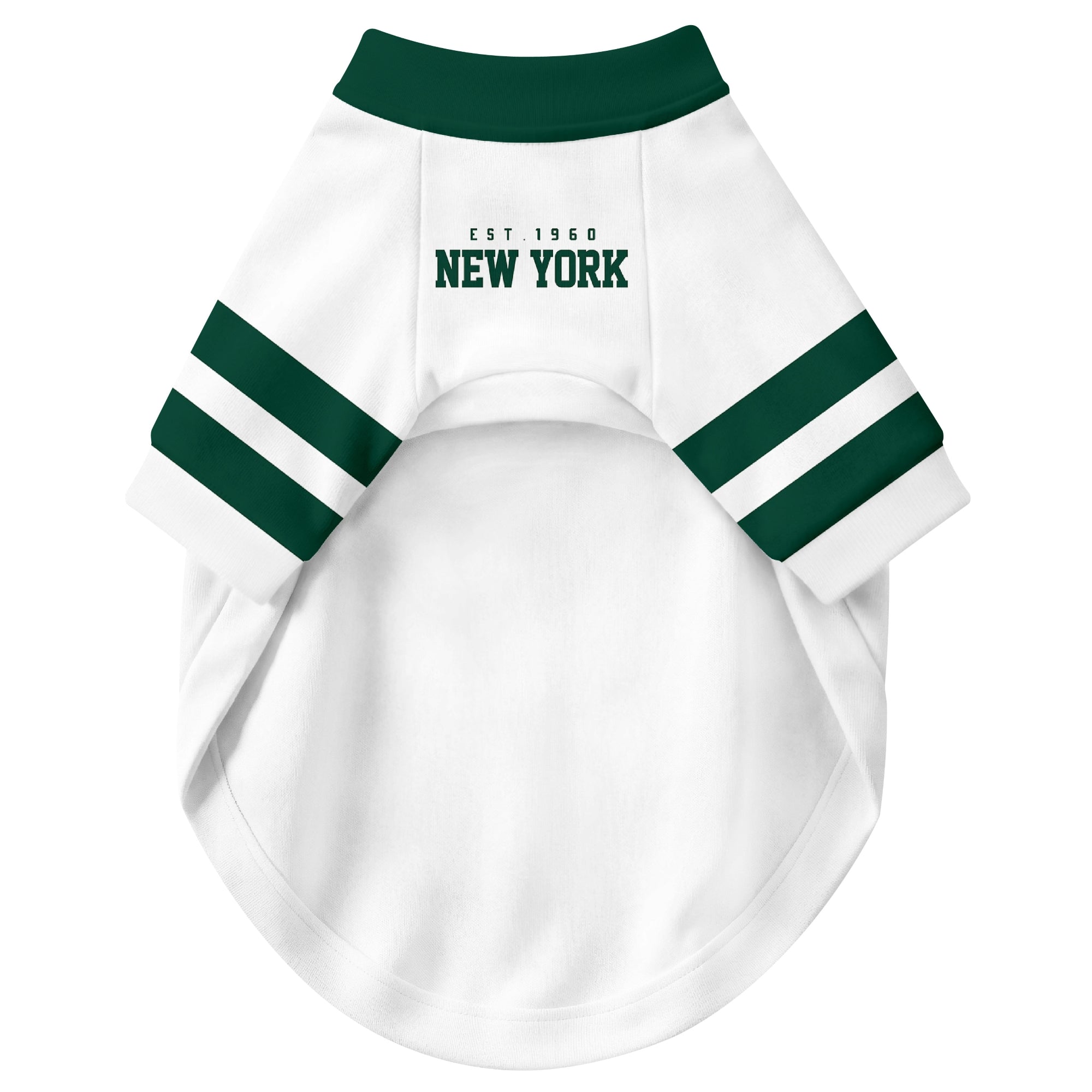 Front view of custom dog jersey in white personalized with name and number