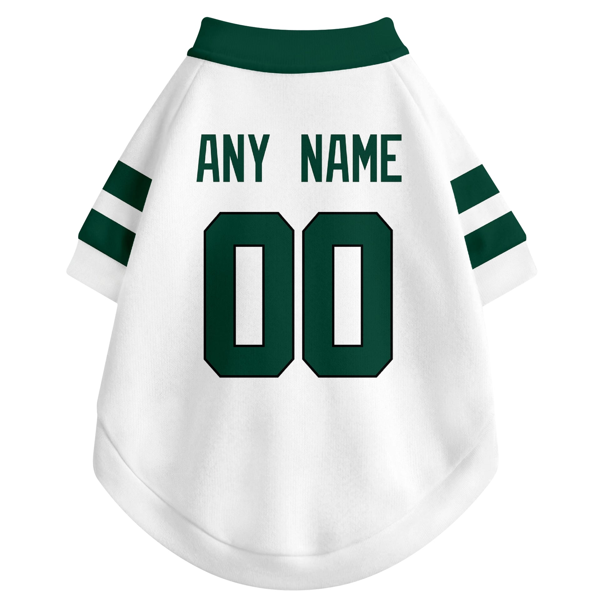 Back view of custom dog jersey in white showing name and number customization
