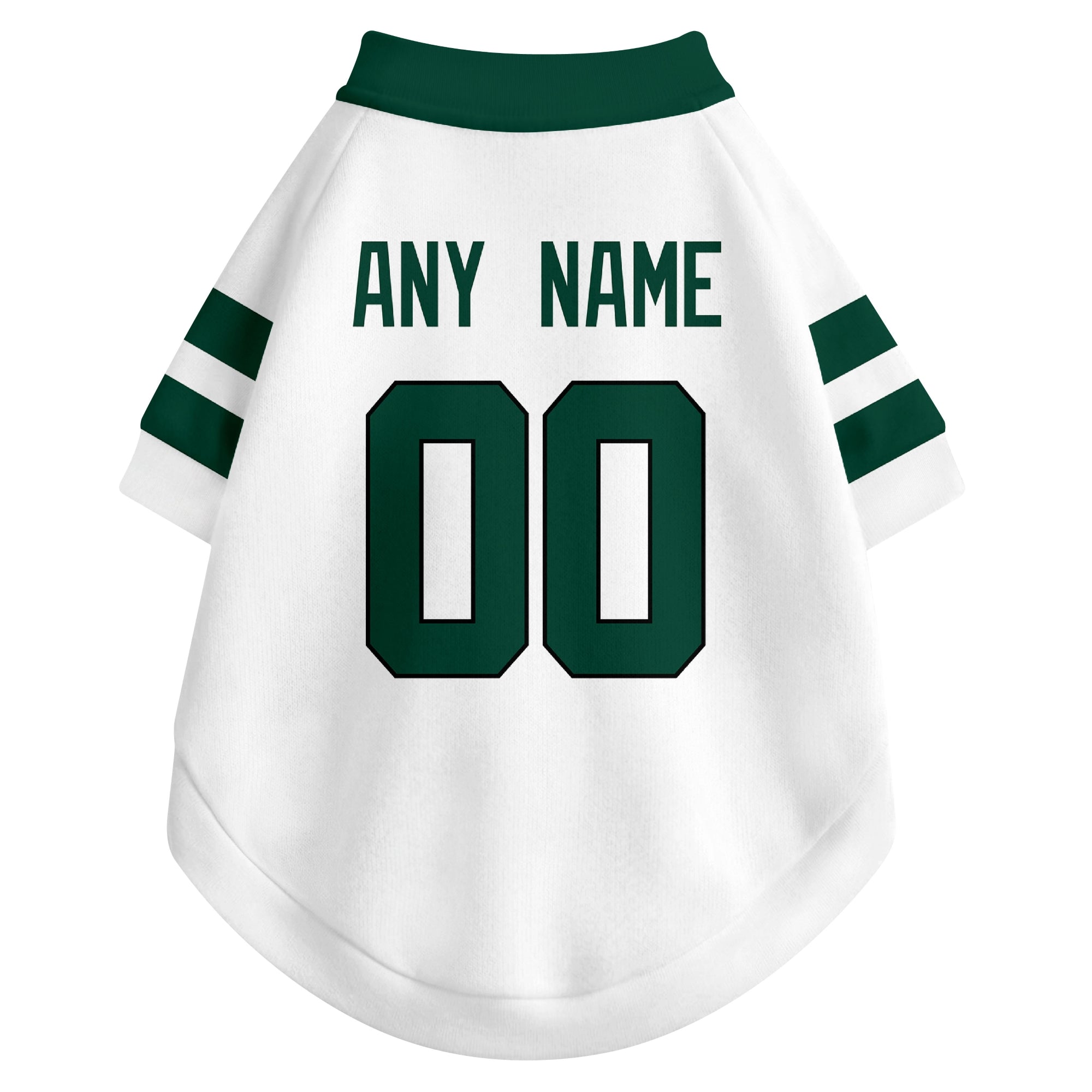 Back view of custom dog jersey in white showing name and number customization