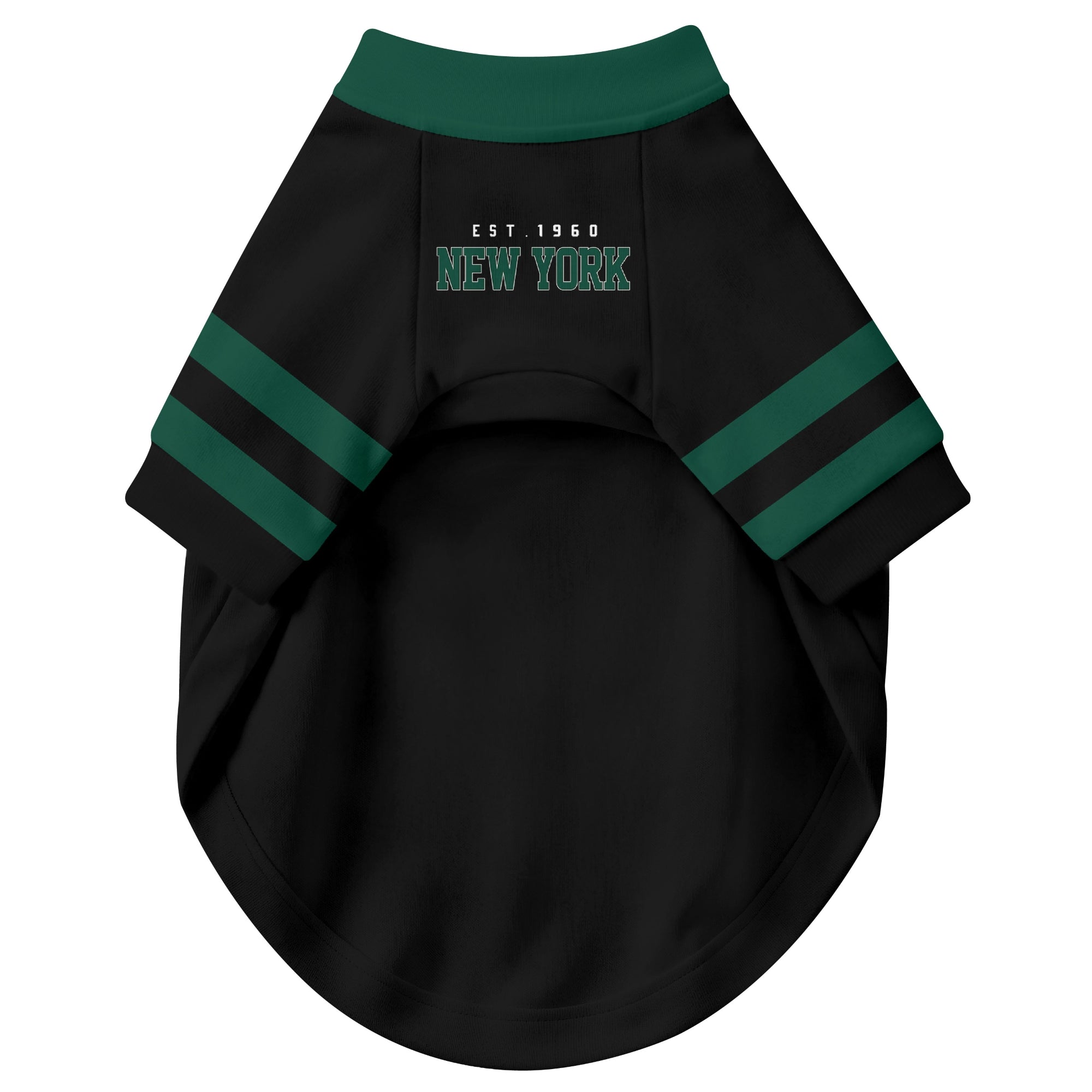 Front view of custom dog jersey in black personalized with name and number