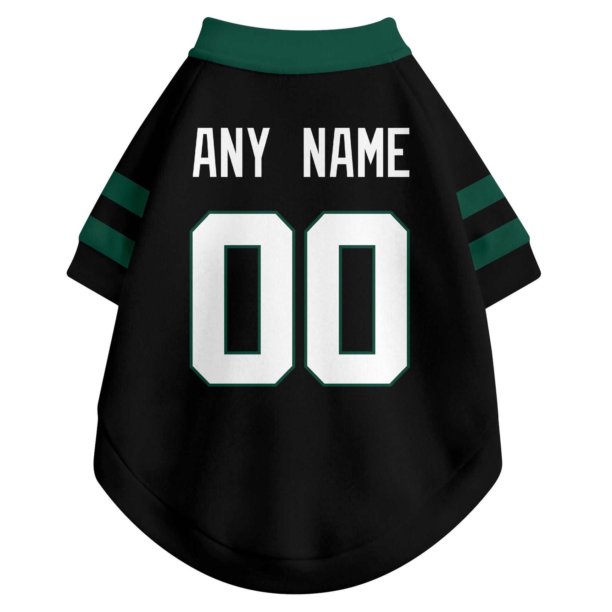 Back view of custom dog jersey in black showing name and number customization