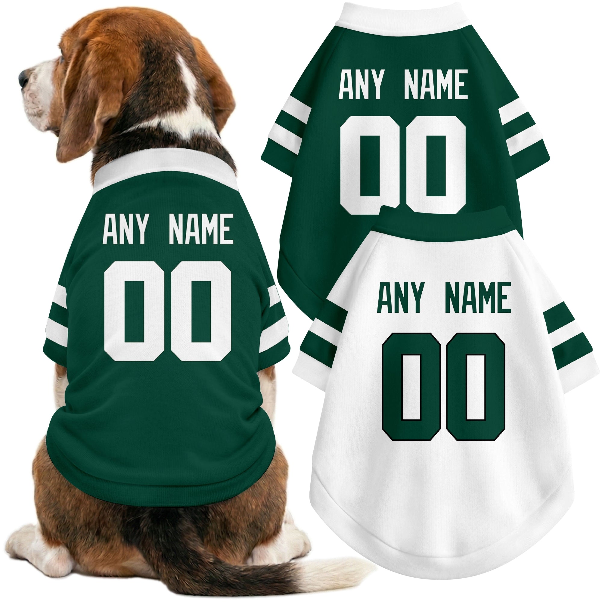 Dog wearing custom football-style dog jersey in green white black with personalized name and number