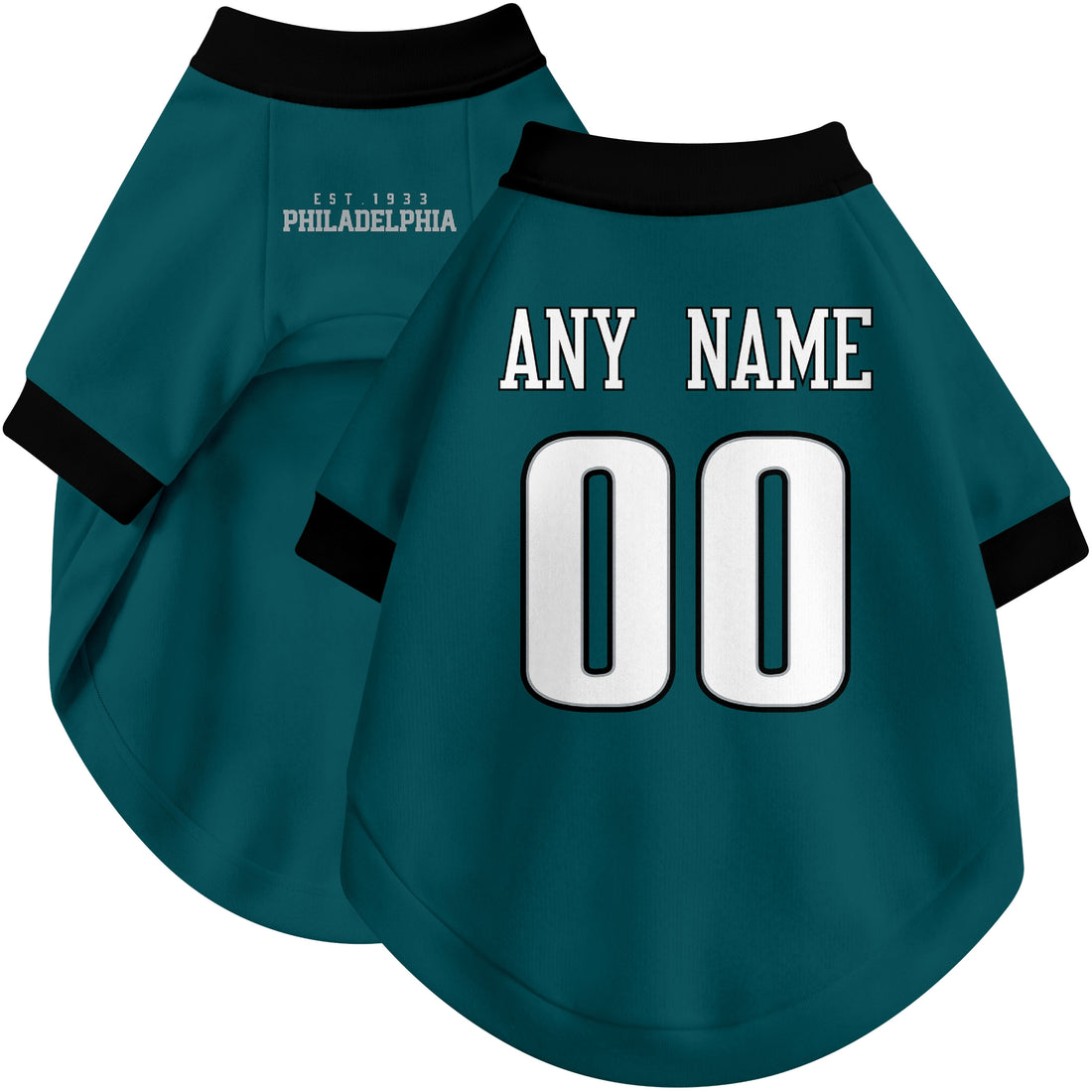 Dog wearing custom football-style dog jersey in midnight green white black with personalized name and number
