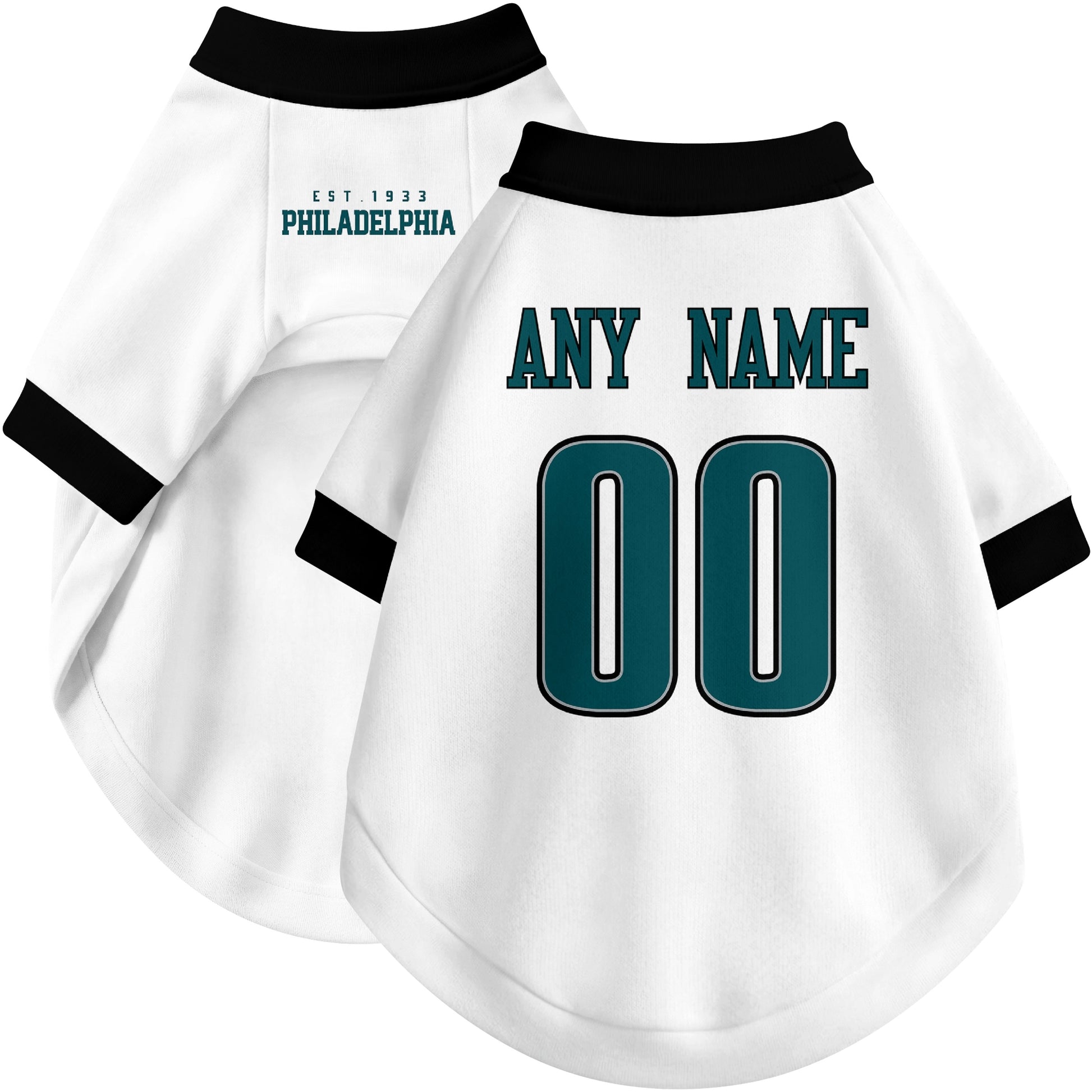 Custom football-style dog jersey in white personalized with any name and number