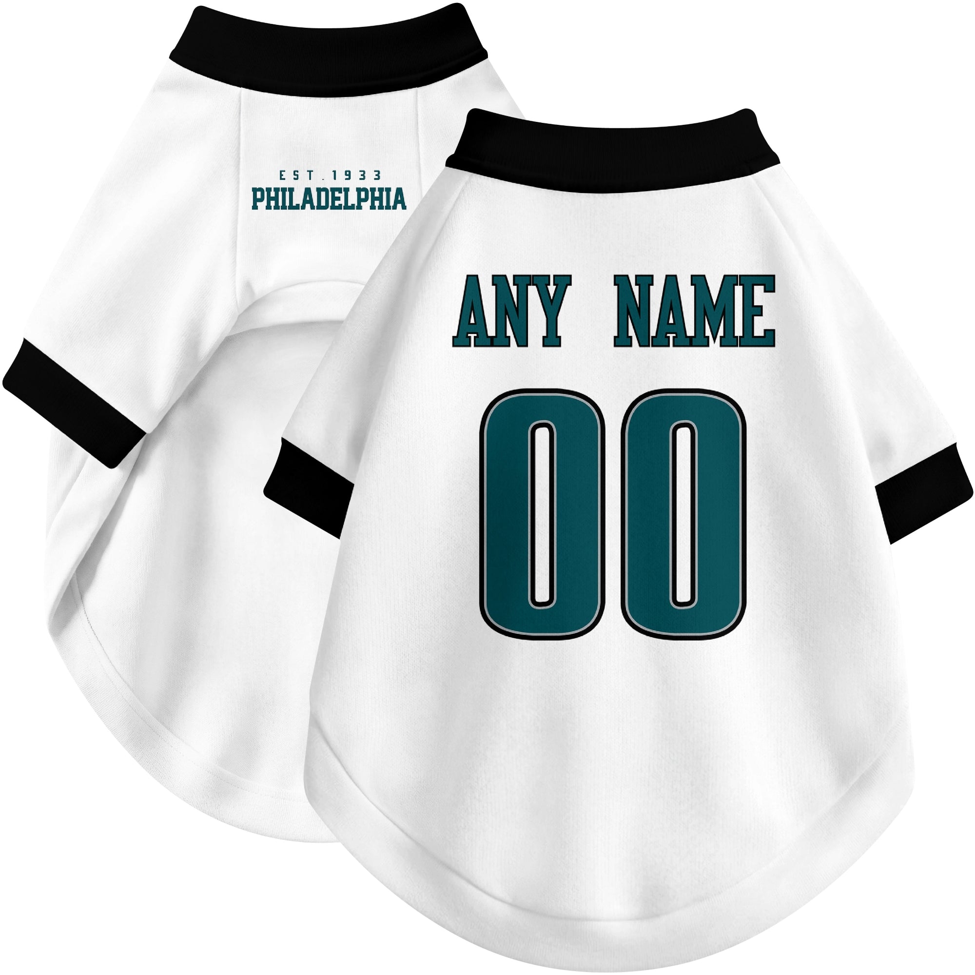 Custom football-style dog jersey in white personalized with any name and number