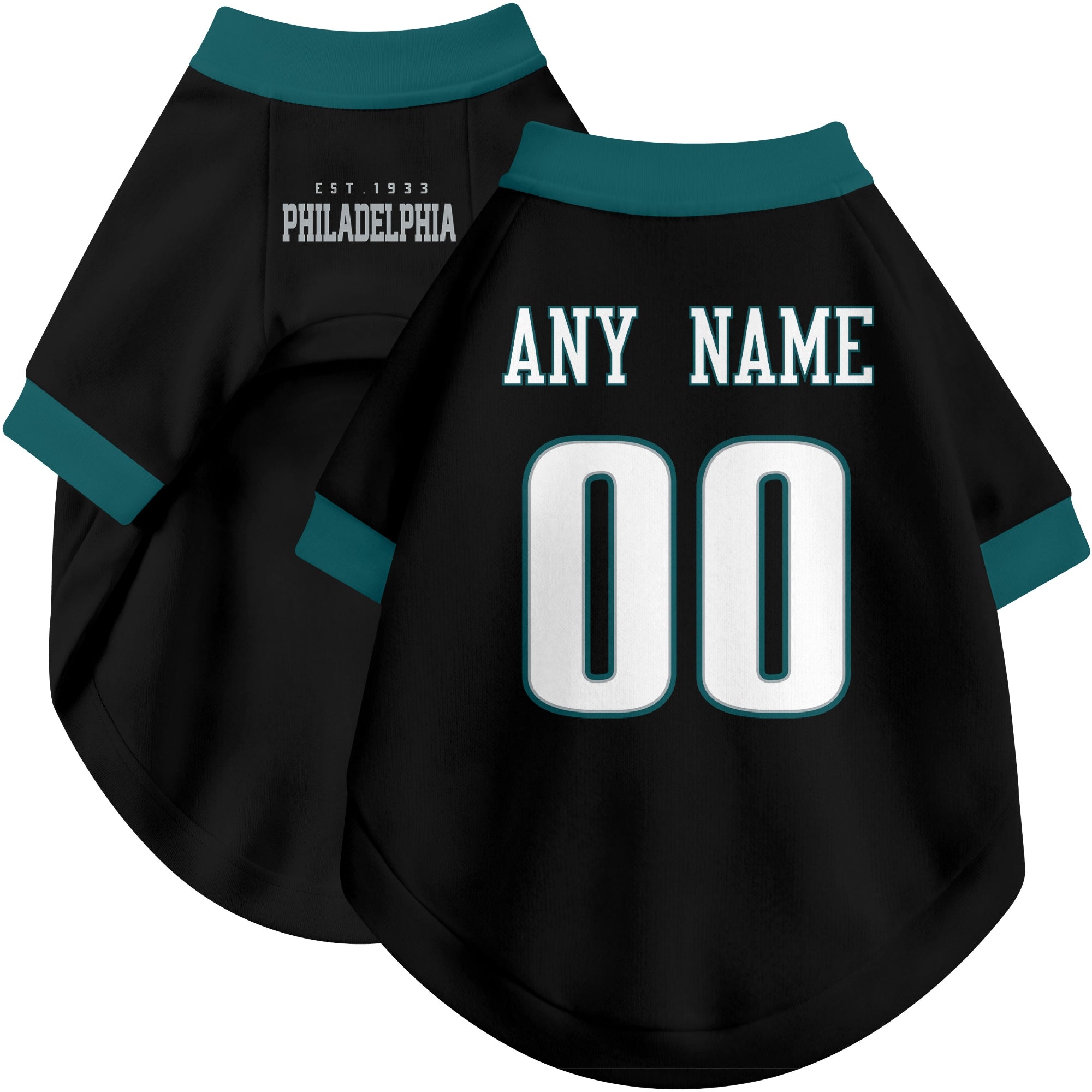 Custom football-style dog jersey in black personalized with any name and number