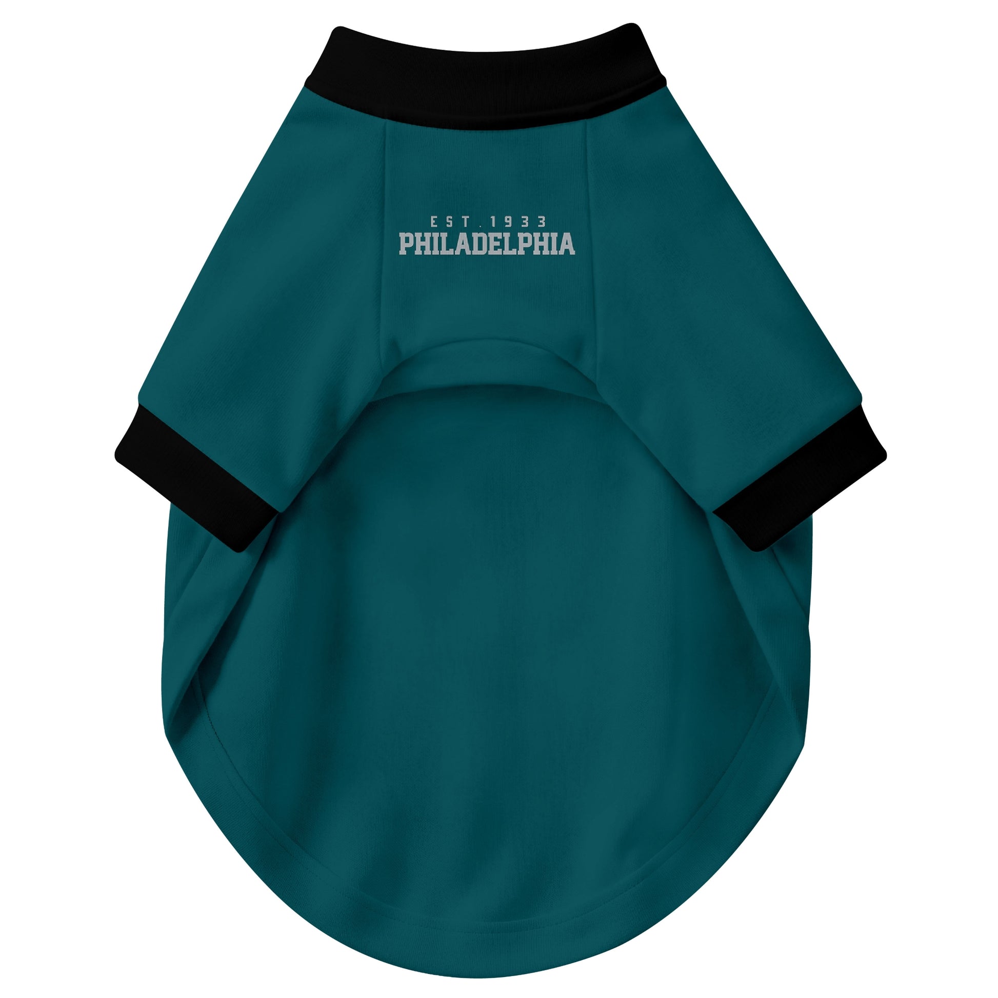 Front view of custom dog jersey in midnight green personalized with name and number