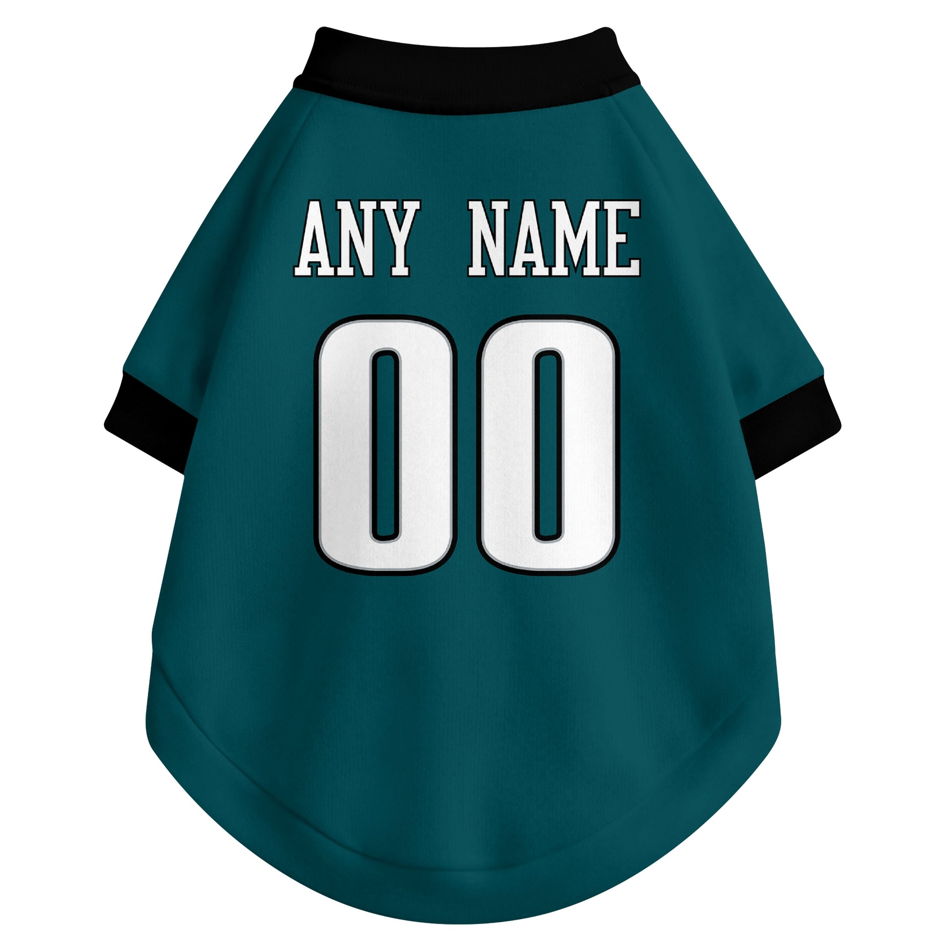 Back view of custom dog jersey in midnight green showing name and number customization
