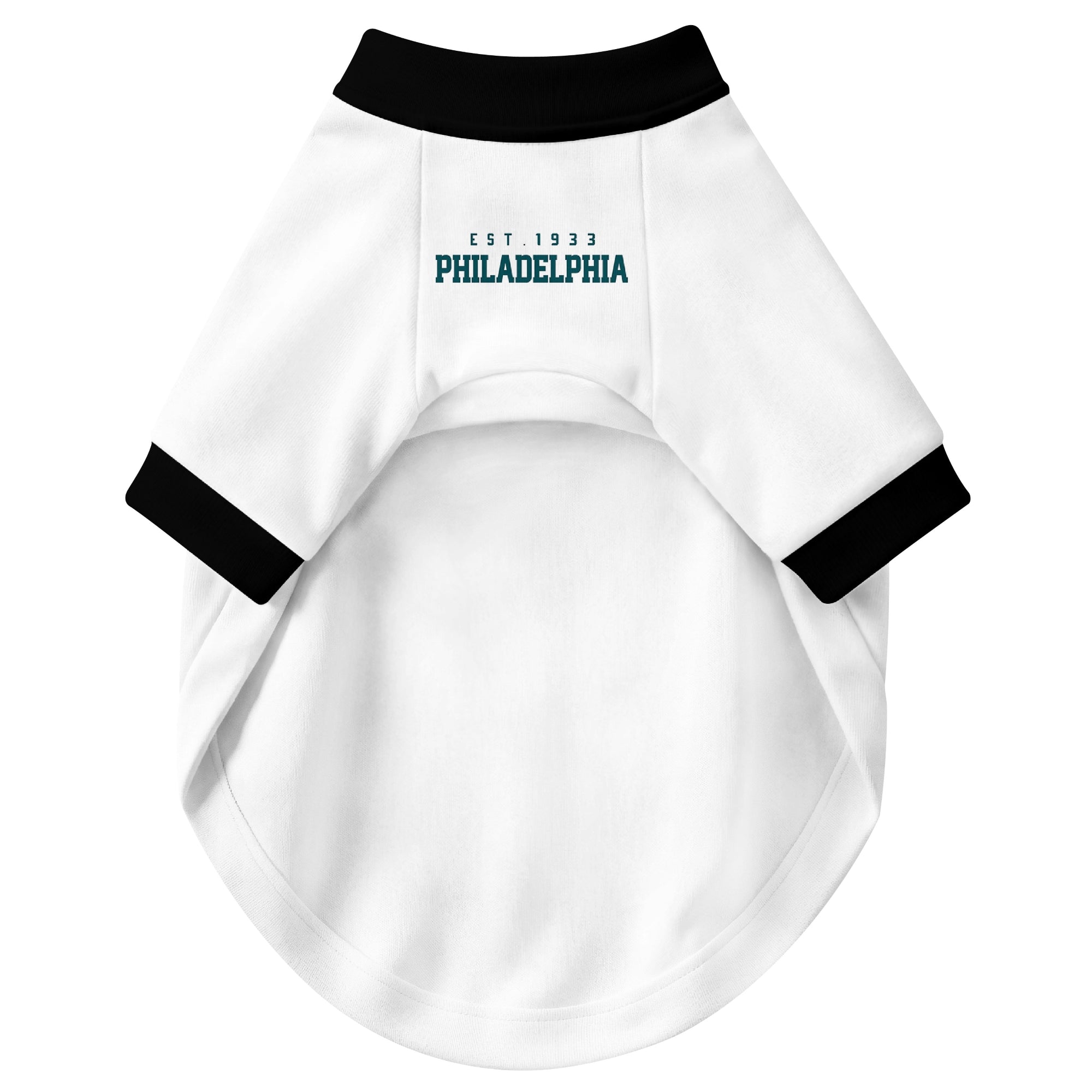 Front view of custom dog jersey in white personalized with name and number