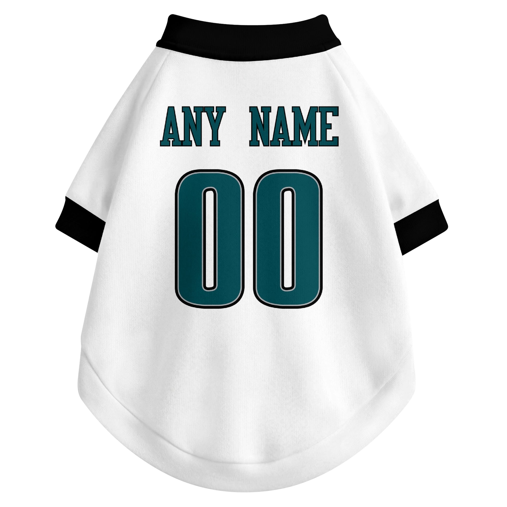 Back view of custom dog jersey in white showing name and number customization