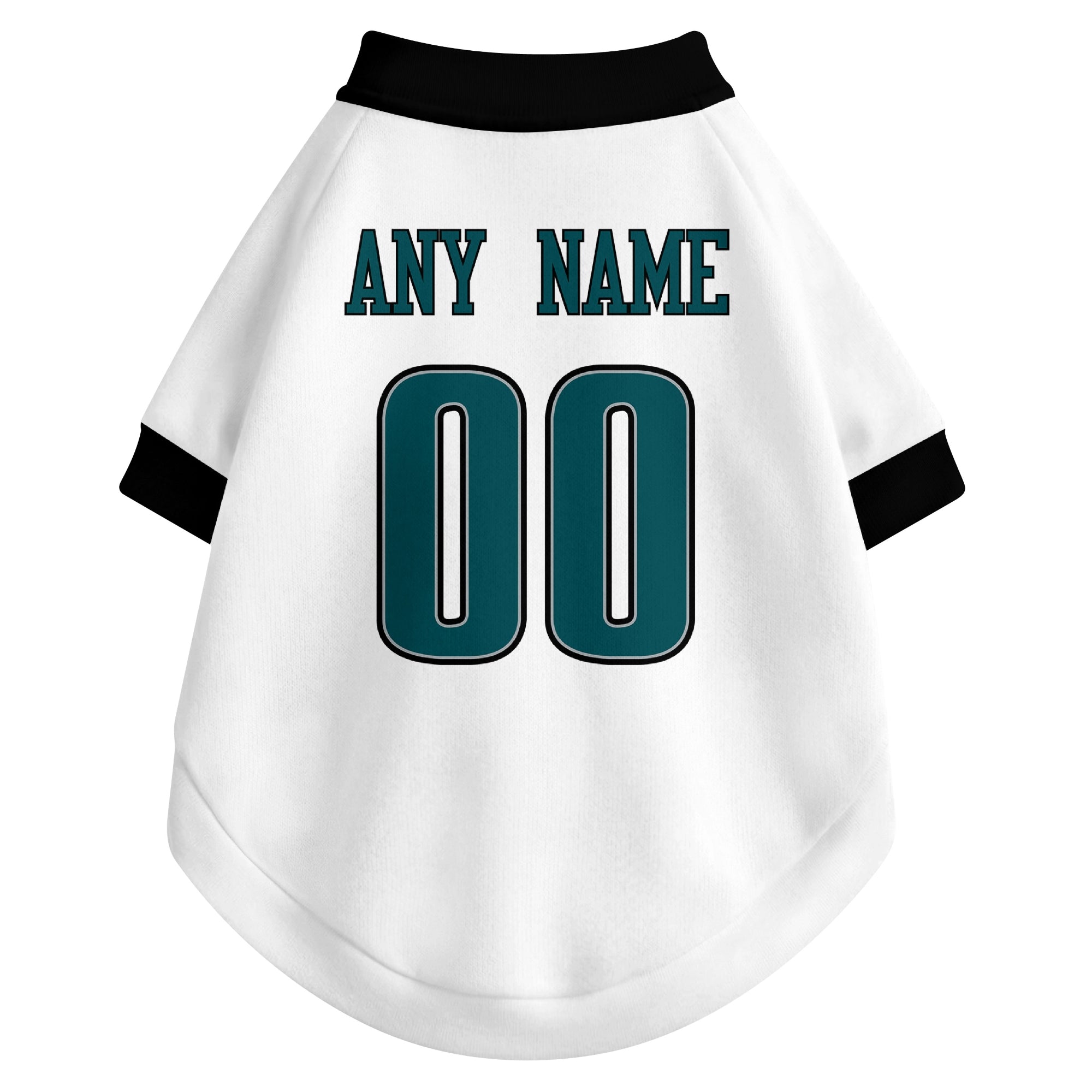Back view of custom dog jersey in white showing name and number customization