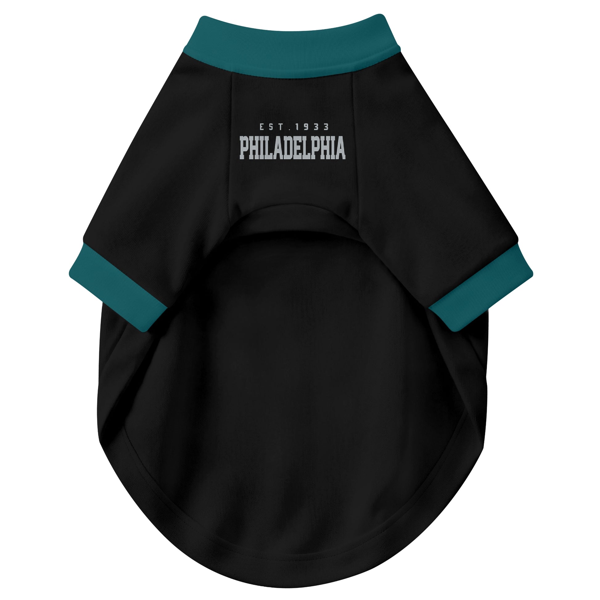 Front view of custom dog jersey in black personalized with name and number