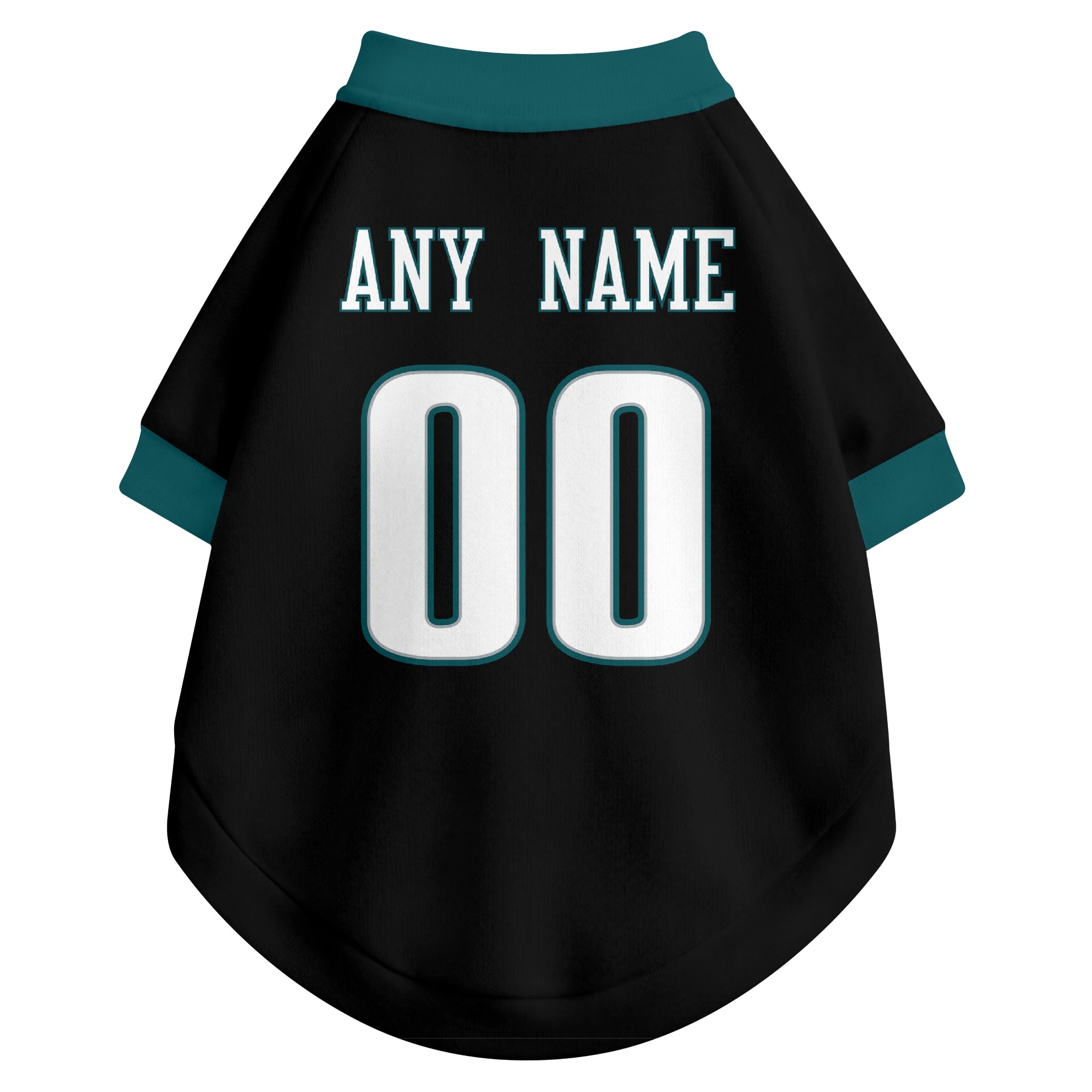 Back view of custom dog jersey in black showing name and number customization