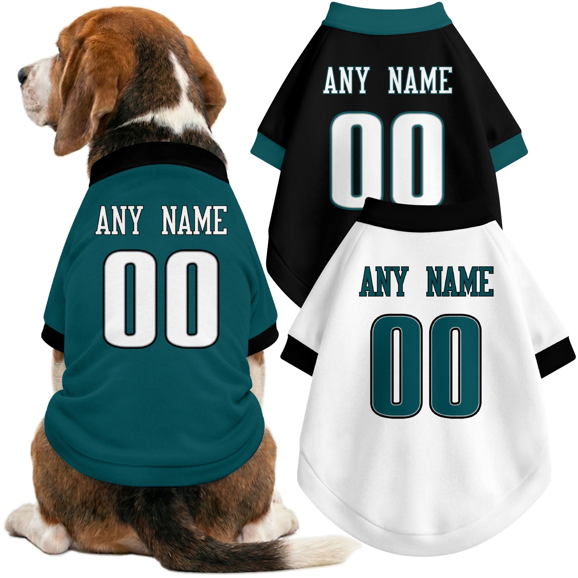 Dog wearing custom football-style dog jersey in midnight green white black with personalized name and number